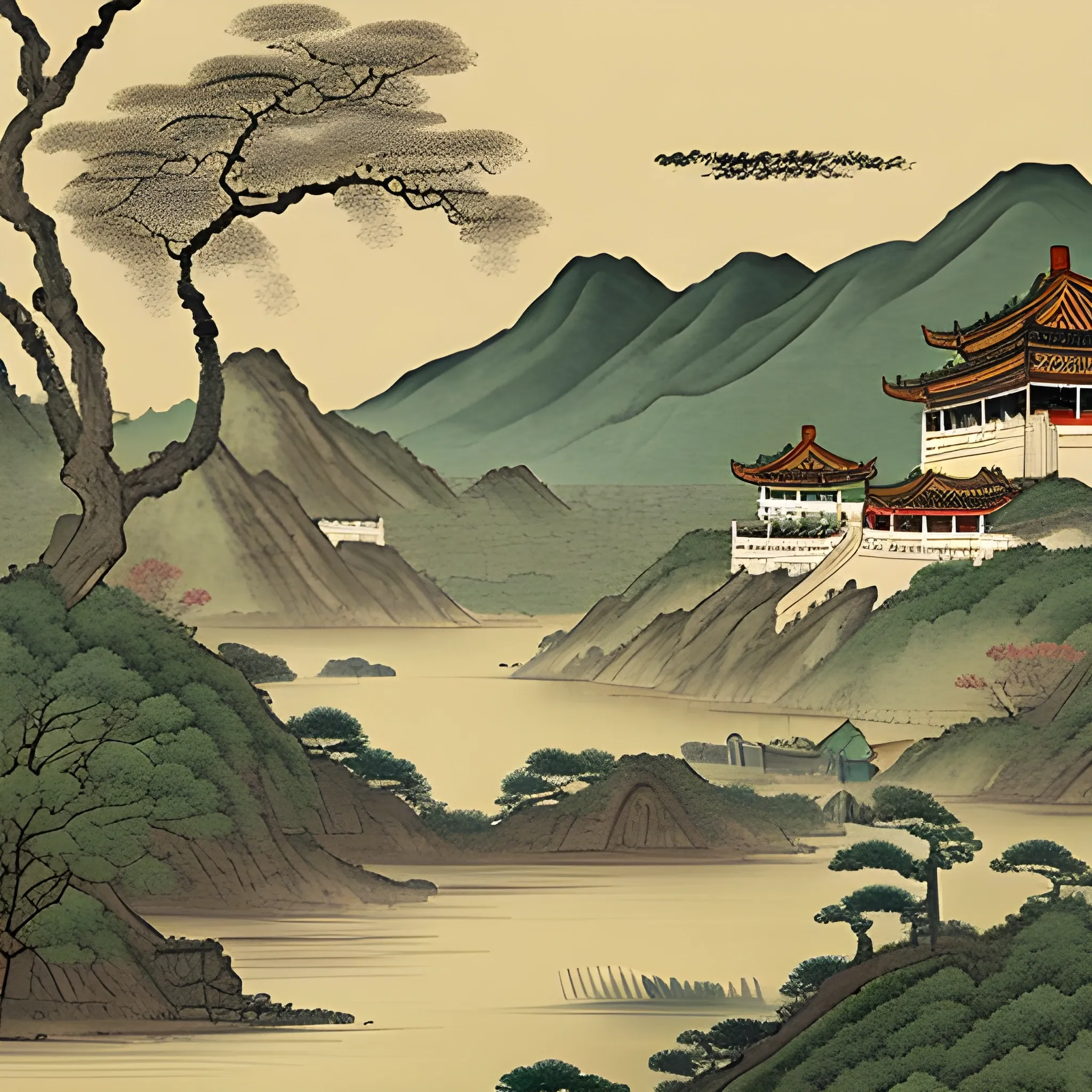 Pictures of mexican landscape in ancient Chinese traditional painting style, elegant, master paintings