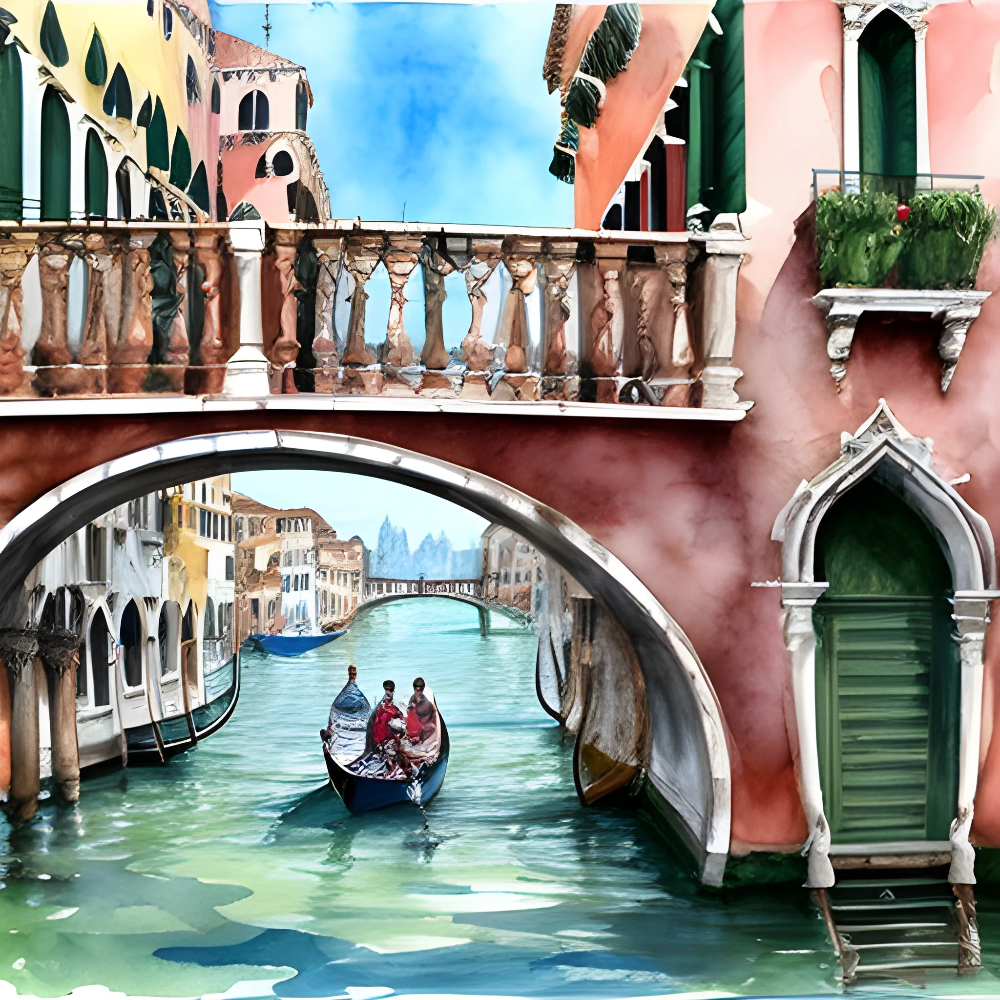 escena  típica de Venecia, dos enamorados de espaldas observando e¿un puente, Water Color