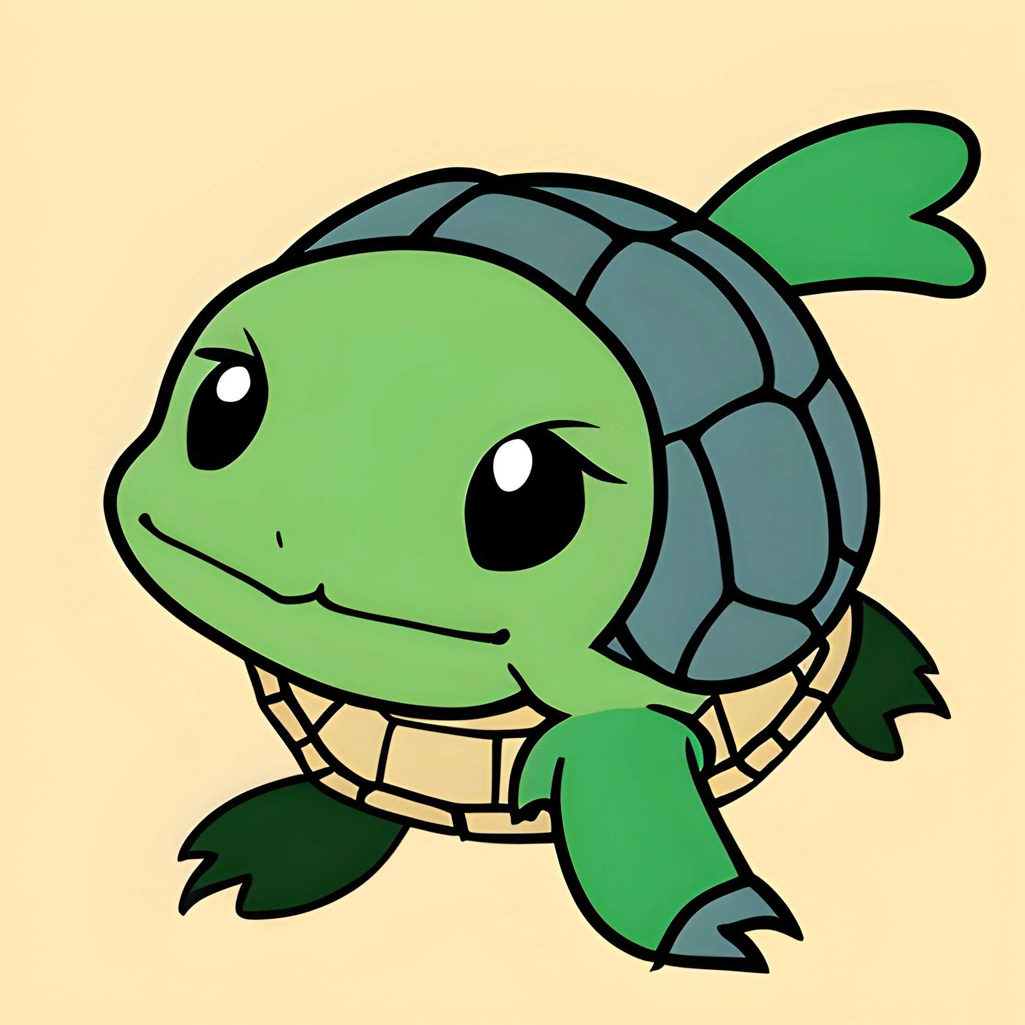 can you create a drawing of chibi style cartoon of a turtle with bird head and snake tale