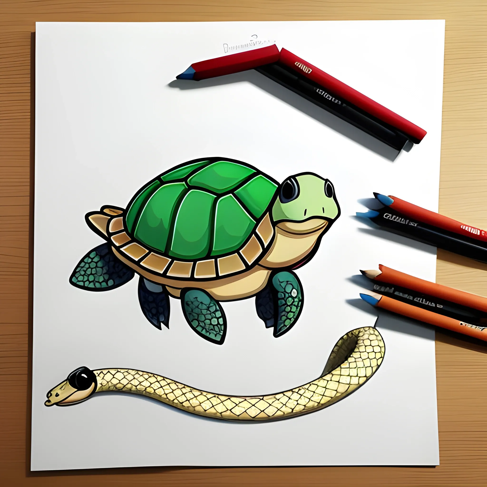 can you create a drawing of chibi kawaii style cartoon of a turtle with bird head and snake tale