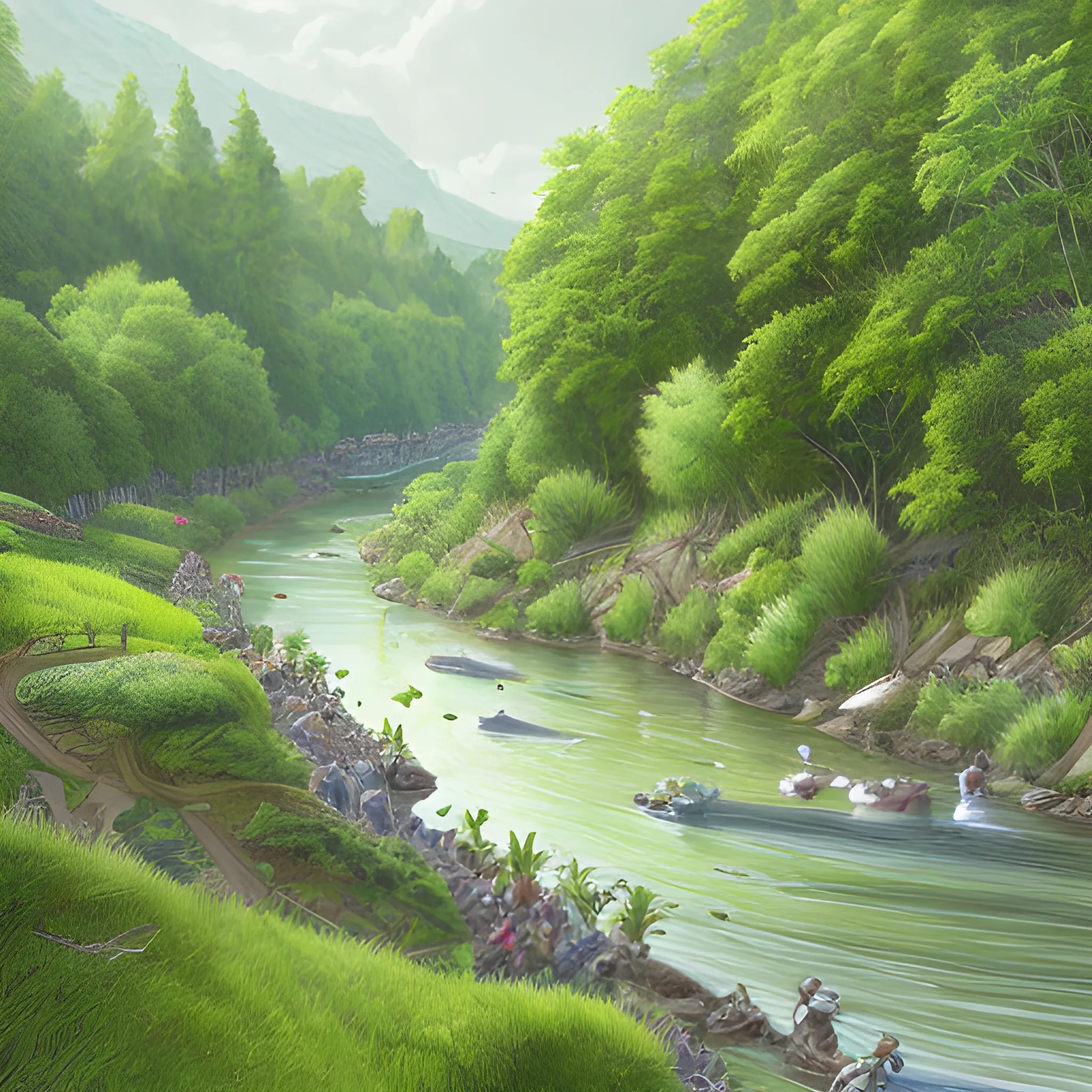 greenery, drawn, river, soldiers, realistic, colorful, detailed, illustration, 