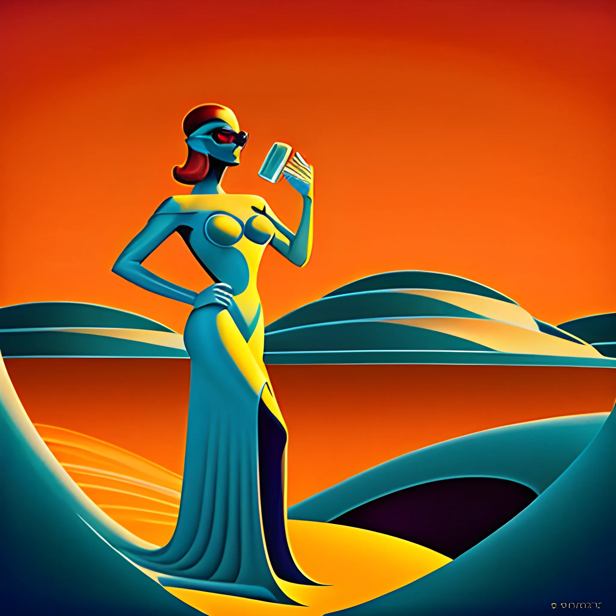 Surrealist Oasis Odyssey, Retro-Futurist style, a woman with shoulder length hair light brown color, sitting near Oasis water-pond, glasses and bottle of champagne is nearby, a resplendent being stands amidst an endless dune, as if sculpted from the fiery sands themselves, under the burning crimson sky of a distant futuristic era.