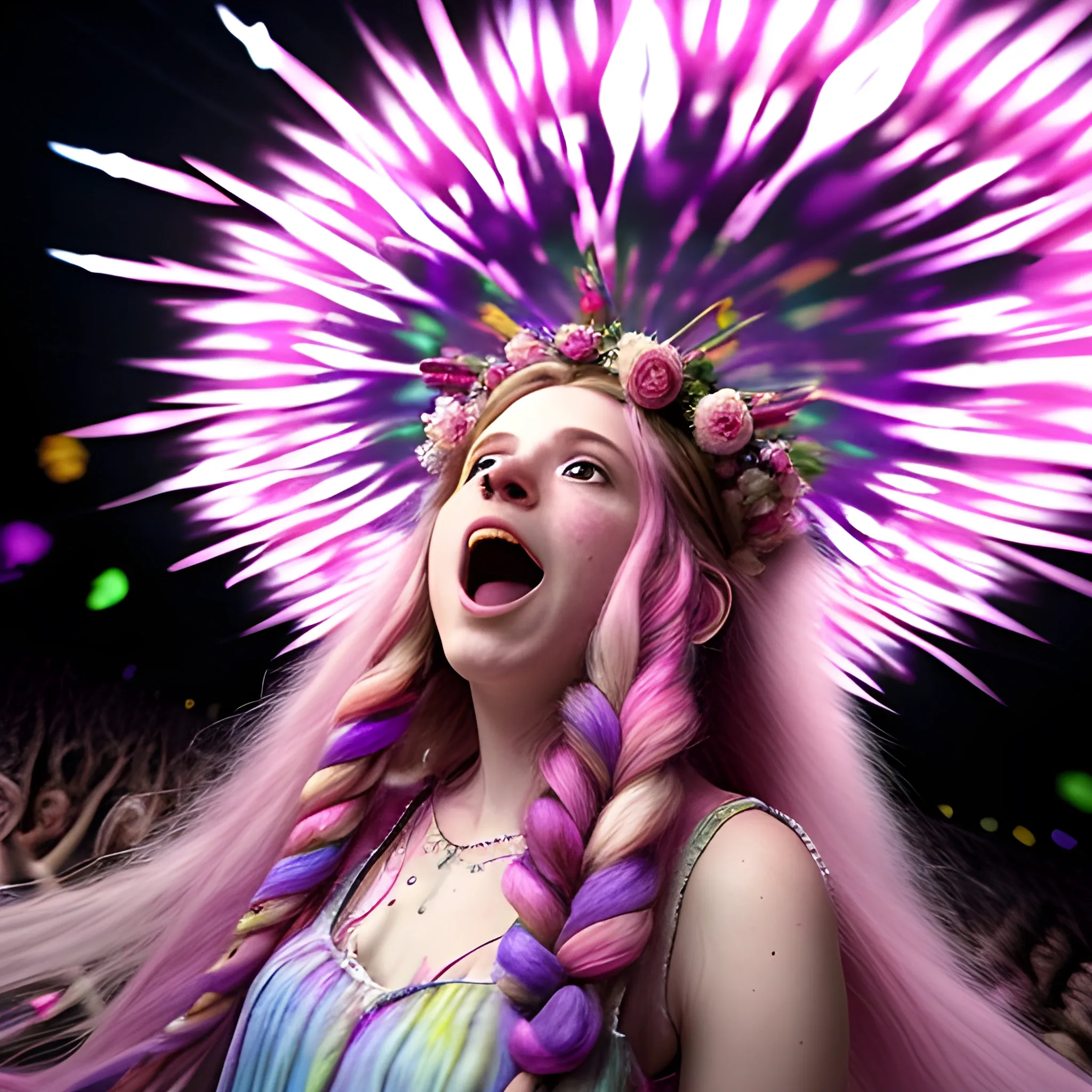 A pink and white long haired domestic couple of cat with long purple dreadlocks in her long hair wearing a tie dyed dress with a crown of flowers on her head, dancing wildly in the forefront and in a close-up shot at a huge Music Festival, a huge oval video screen with swirling colors in the center of the screen bold black text reading HDR, 8K, cinematic lighting  