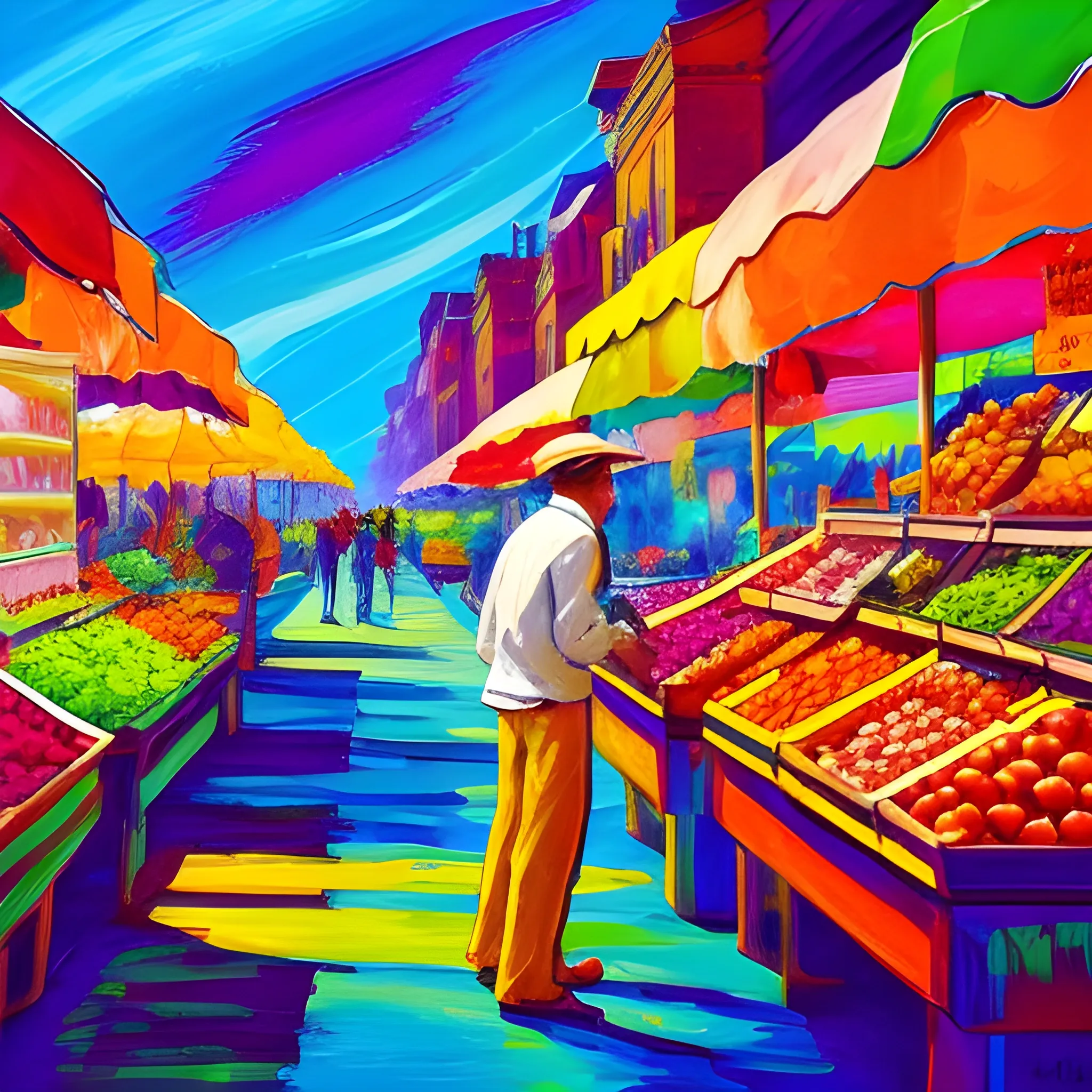 A individual stands at a crossroads, contemplating the diverse offerings of a vibrant fruit press marketplace. The air is ripe with the aroma of fresh oranges, grapefruits, and lemons, as each machine showcases its unique blending style. The atmosphere hums with energy and anticipation, as the sun casts long, dramatic shadows over the bustling scene. The decisive moment is captured in the spirit of impressionist painting, with bold, visible brushstrokes and vivid, saturated hues, reflecting the impactful choice that lies ahead.