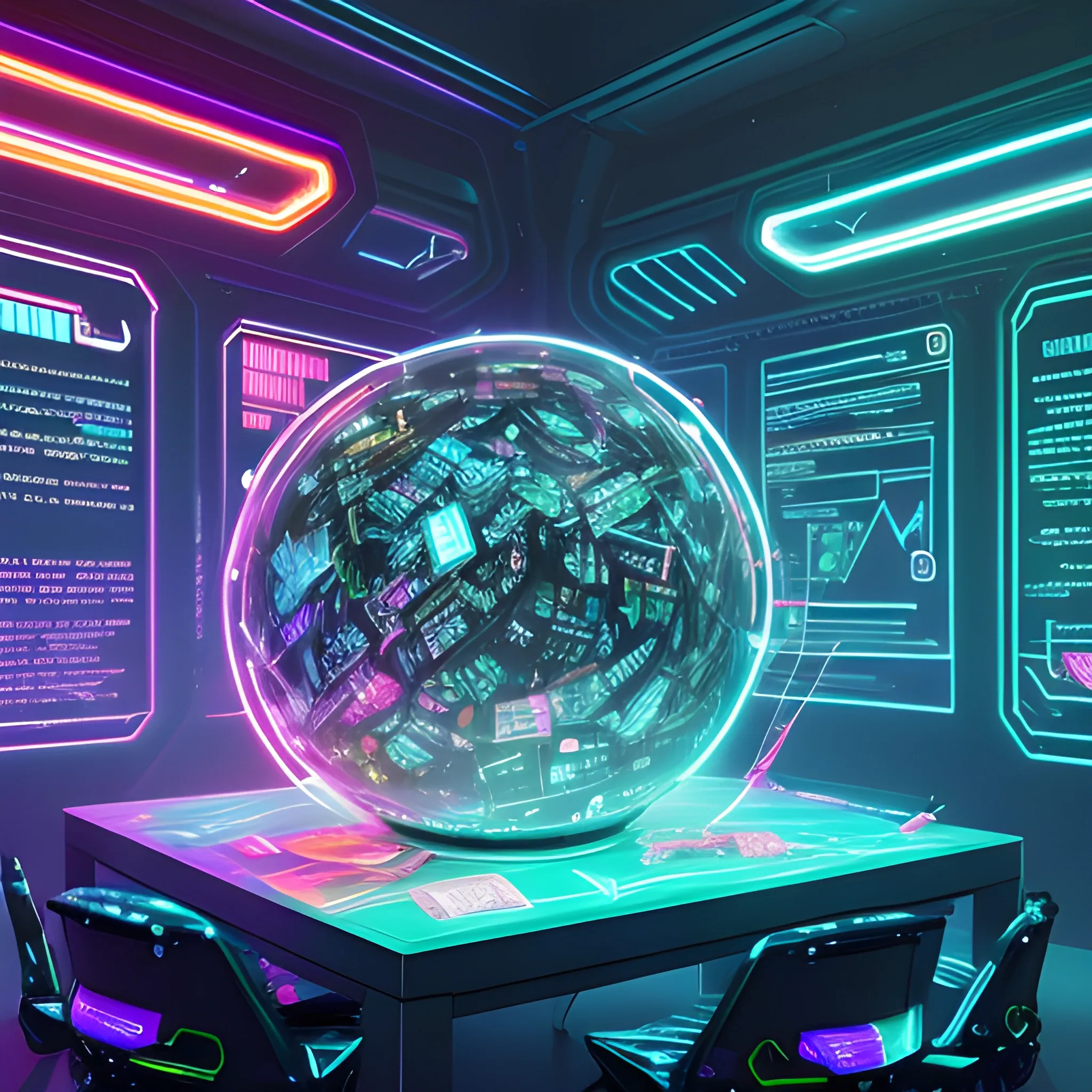 A futuristic, neon-lit desk overflowing with scattered papers, torn notes, and crumpled drafts, surrounded by holographic screens displaying swirling patterns of code and abstract data visualizations. In the center, a gleaming, metallic orb pulsates with an intense, blue light, representing the pursuit of original thought and the battle against intellectual dishonesty. The atmosphere is electric, with flashes of lightning illuminating the dark, cyberpunk-inspired room, symbolizing the intense struggle for creativity and authenticity