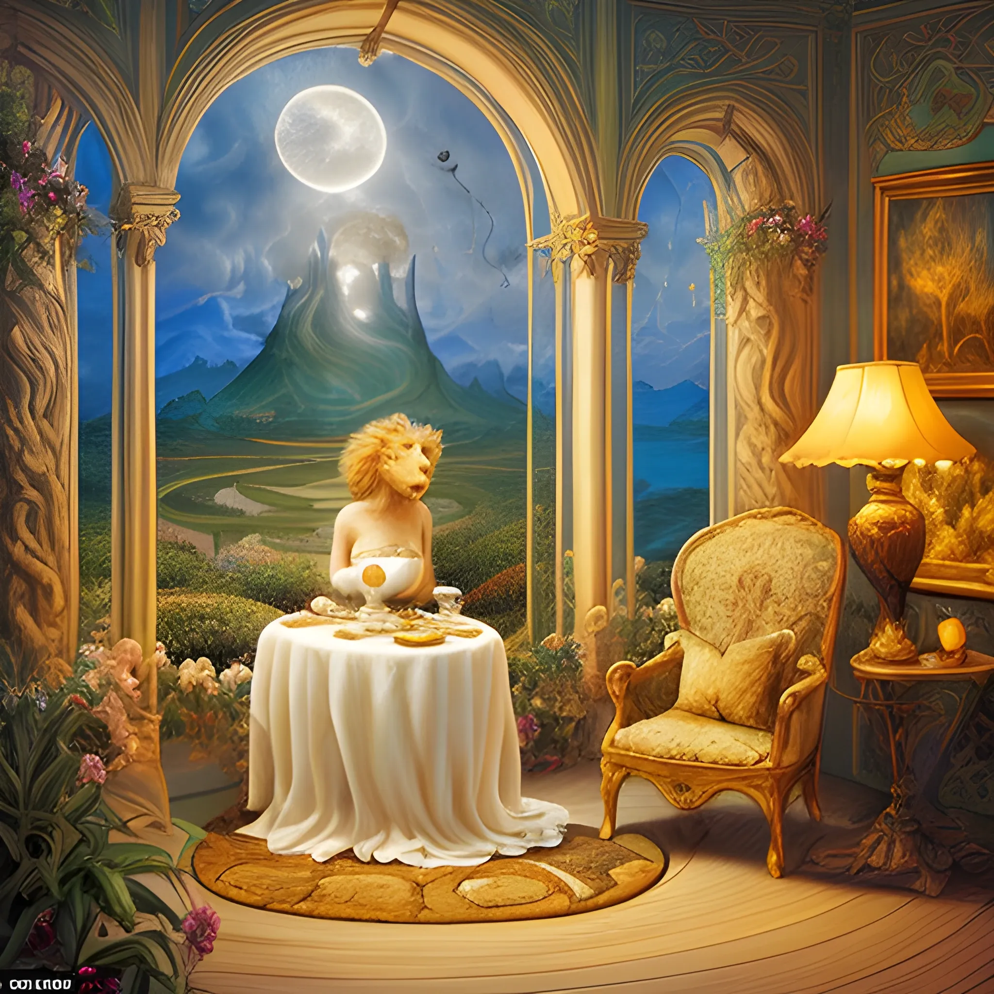 surreal or Romantic painting style, An individual savors a warm cup of lion's mane tea, its earthy aroma wafting through the air. Ornate tendrils dance and swirl in the brew, resembling an enchanting, otherworldly garden. The scene is softly lit, casting inviting shadows and creating a cozy, intimate atmosphere. This almost ethereal image embodies the surreal nature of Dali's works or the dreamlike qualities of a Romantic painting, inviting the viewer to indulge in a world of sensory delight and self-reflection