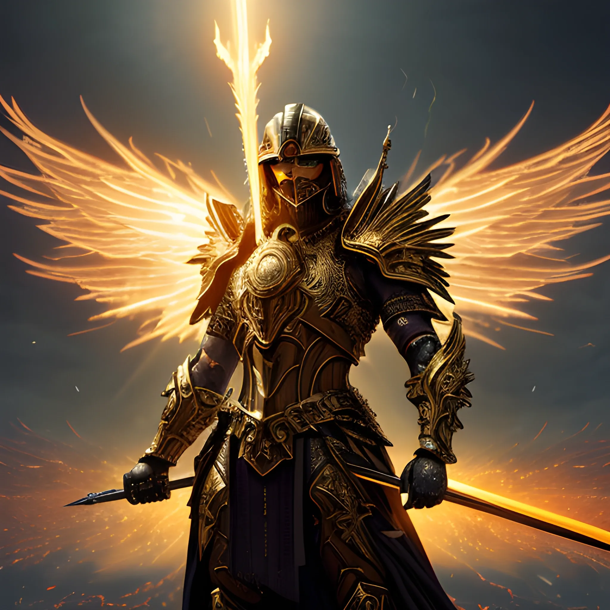 A futuristic, hyper-realistic Christian warrior stands steadfast, enveloped in a halo of golden light amidst a backdrop of apocalyptic flames. Intricate, gothic armor adorns his physique, with ornate engravings that shimmer like diamonds. His eyes burn with an inner fire, as if fueled by an unyielding faith.