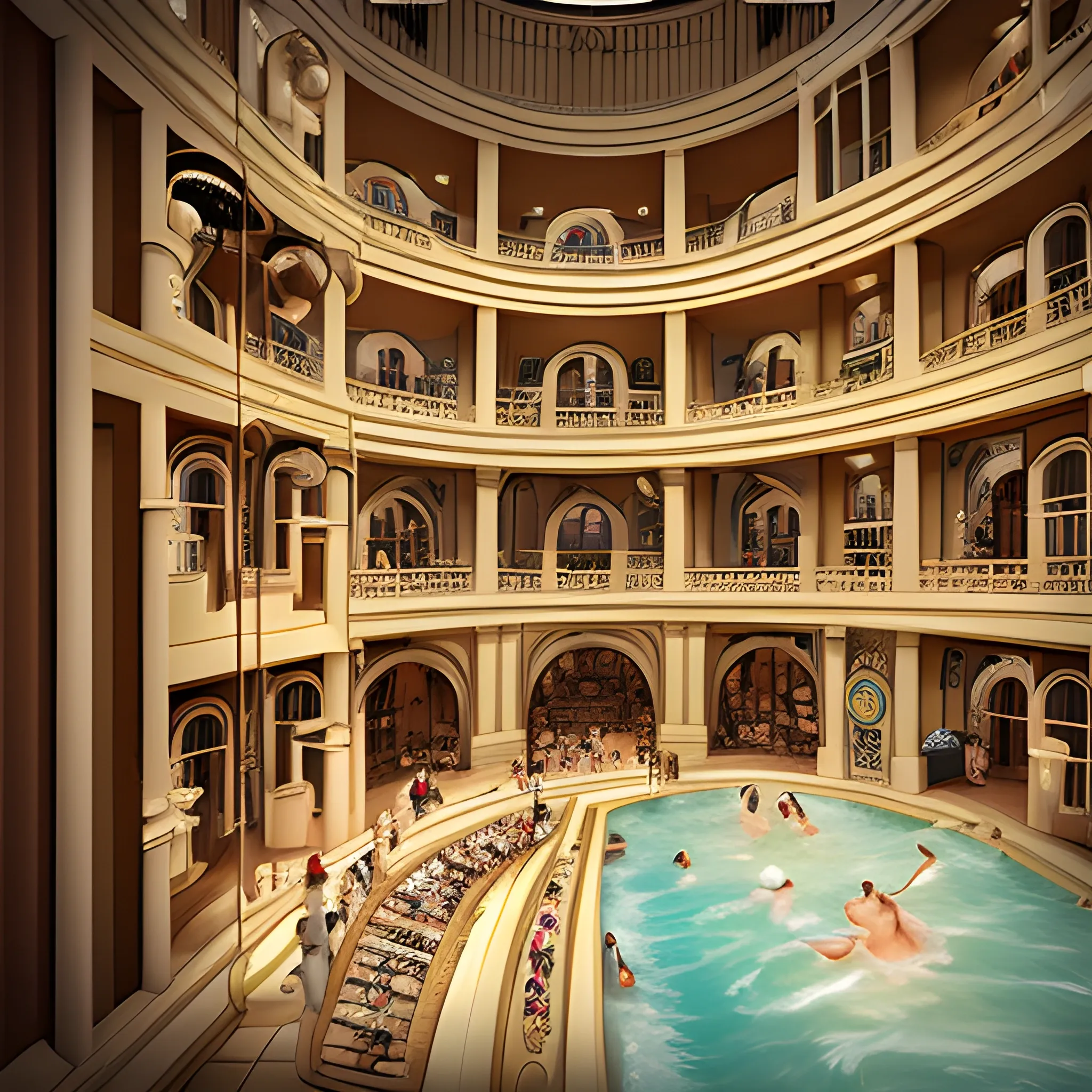 cutaway mat of a luxurious restaurant showing inside of bath house, with peoples, grand mall, spiral stairs and sleeping chambers.