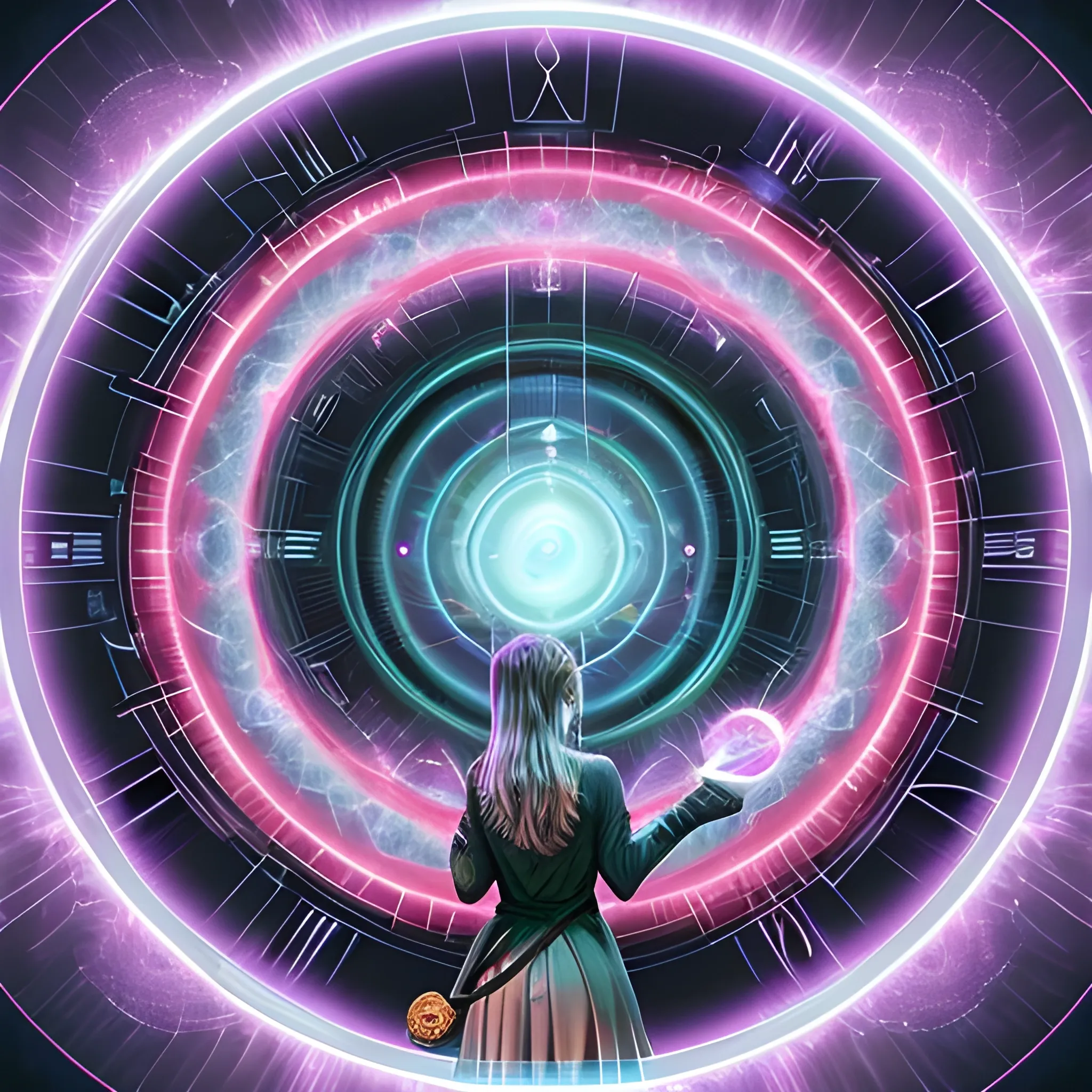 she approached the front of the portal, gazing into it, anticipation in her heart; it spiraled within its ringed enclosure, this portal containing a vortex of time, chronitons flaring dramatically across its manifold with normal existence.