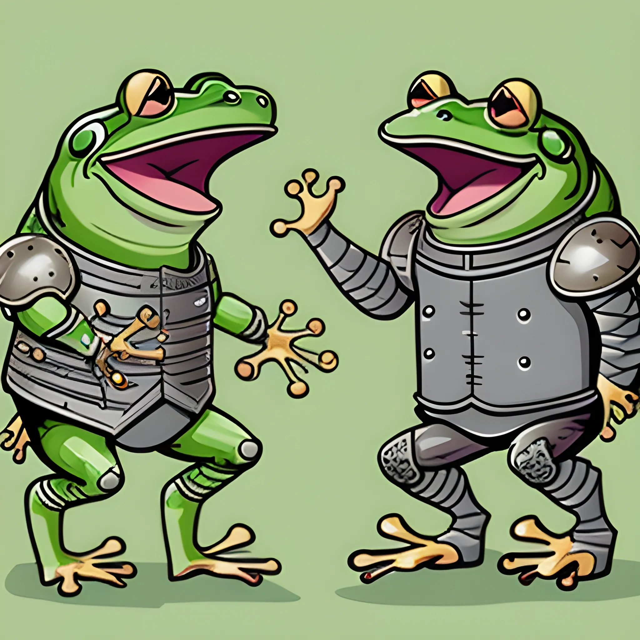 A cartoon illustration of frogs in suits of armor surrounding