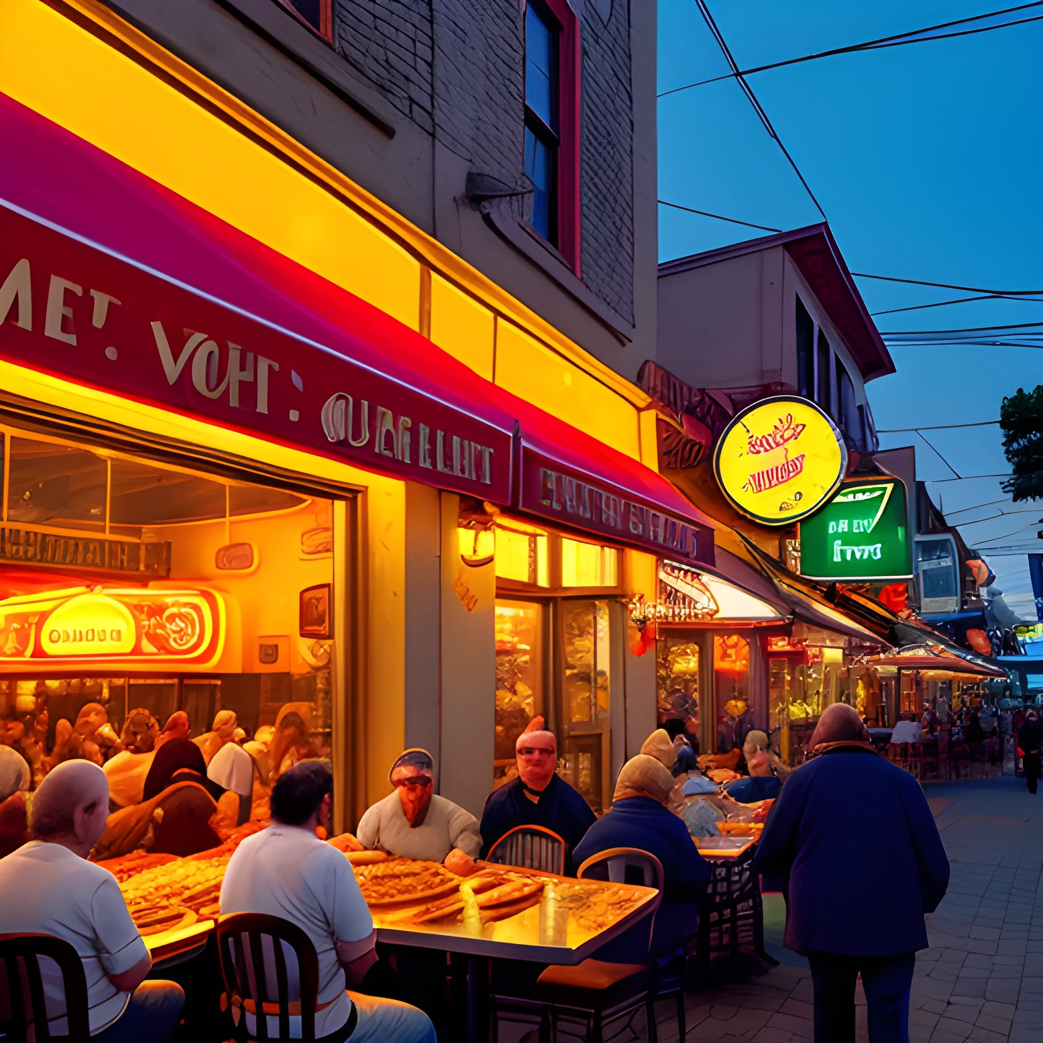 A busy pizzeria at dusk, with warm golden light spilling out onto the sidewalk. The camera catches the tantalizing aroma of freshly baked crust and melted mozzarella, as patrons eagerly await their slices. The chef, a jovial man with a bushy gray beard, expertly tosses dough into the air, while the sounds of sizzling meats and lively chatter fill the air. The neon signs of the surrounding restaurants and shops cast a colorful glow, while the long shadows of the evening add to the cozy ambiance.