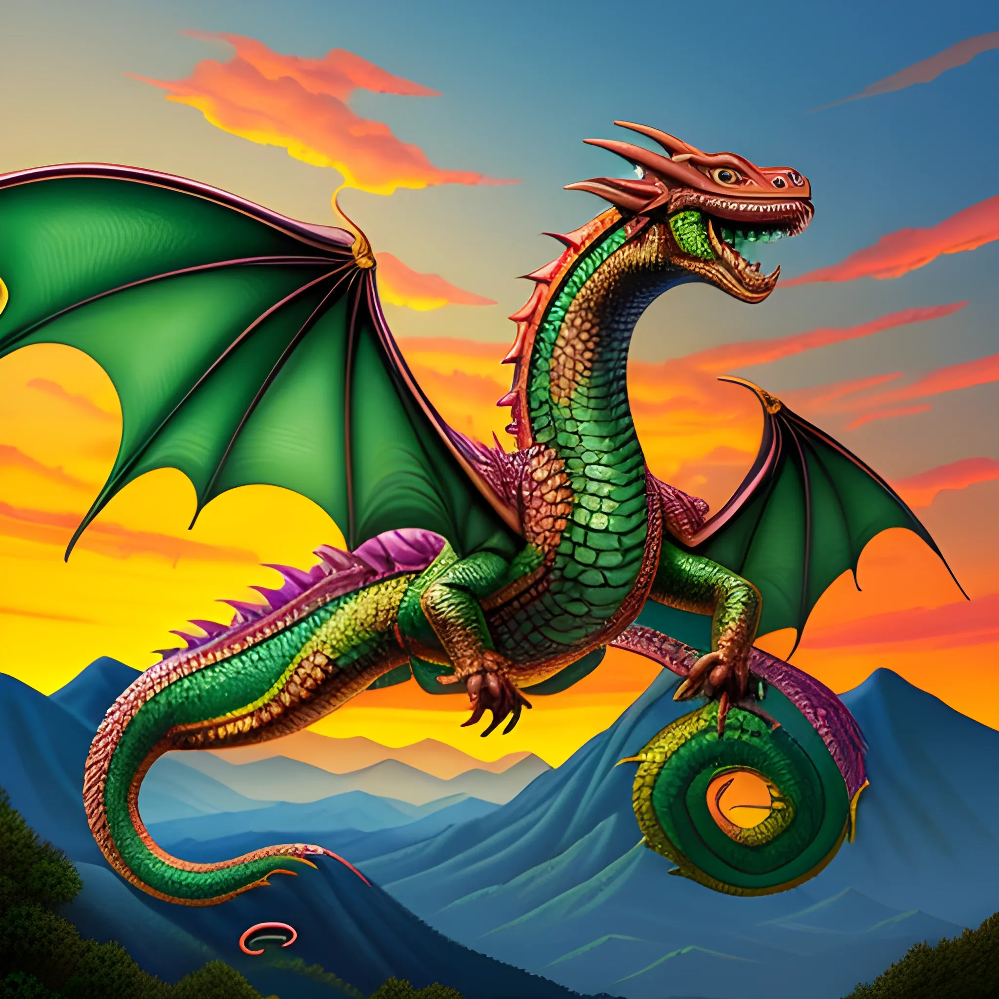 Reptile shop logo, colorful dragon flying over a serene mountain landscape, vibrant sunset, detailed scales, dynamic pose, traditional Asian art style, majestic and powerful, logo, none