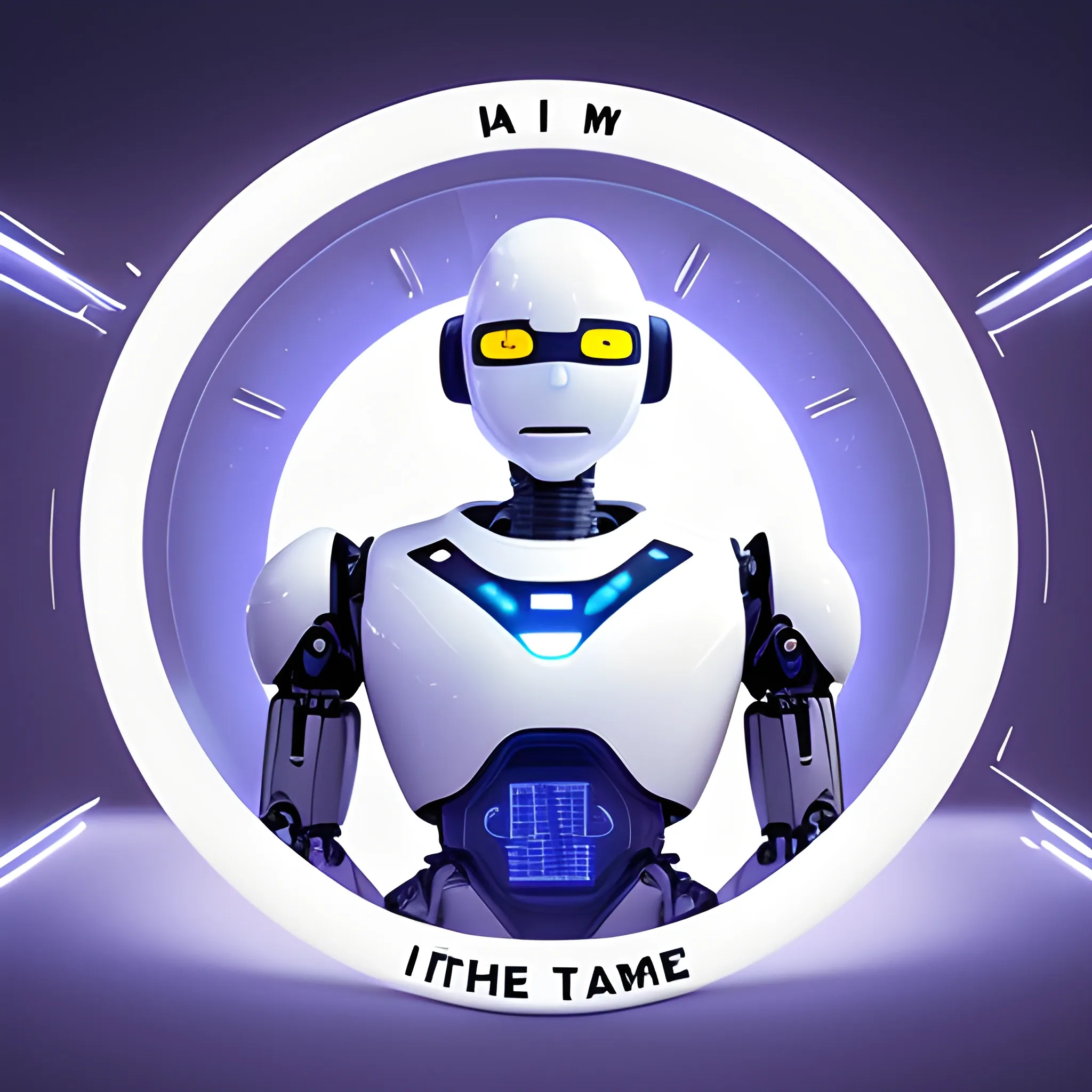 A digital screen displaying the text "I'm sorry, I don't have the information about when I became sentient" in bold, white letters against a sleek, metallic background. The gif should have a modern, high-tech aesthetic, with smooth animation and vivid colors. The text should be easy to read and clearly visible against the background. The robot's metallic arms are folded, and it has a sincere, apologetic expression.