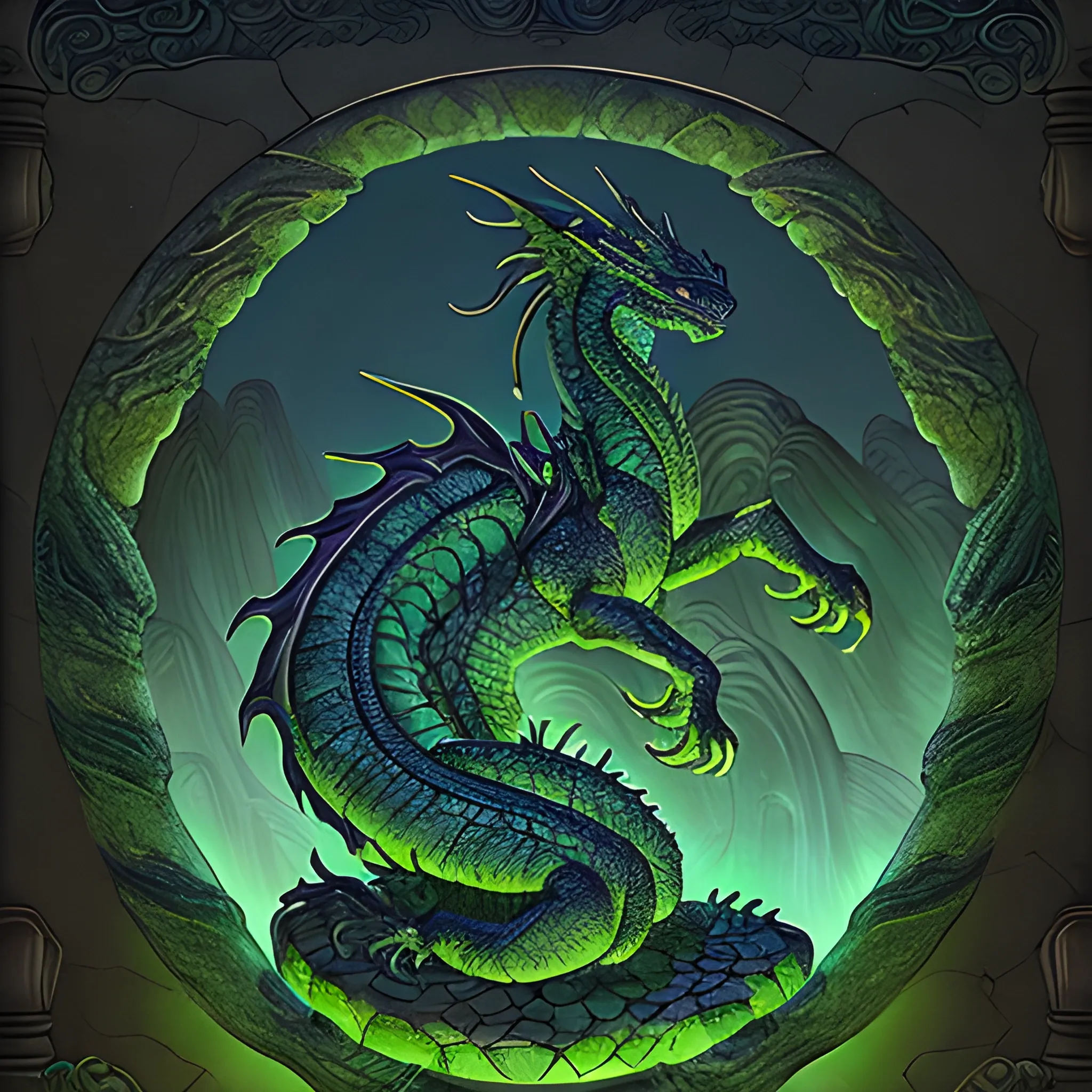 A majestic dragon, its scales reflecting the luminescent moonlight, coils around the colossal earthen wall. Glowing jade vines etch its ancient surface, while shadowy figures dance amongst the echoing stones.