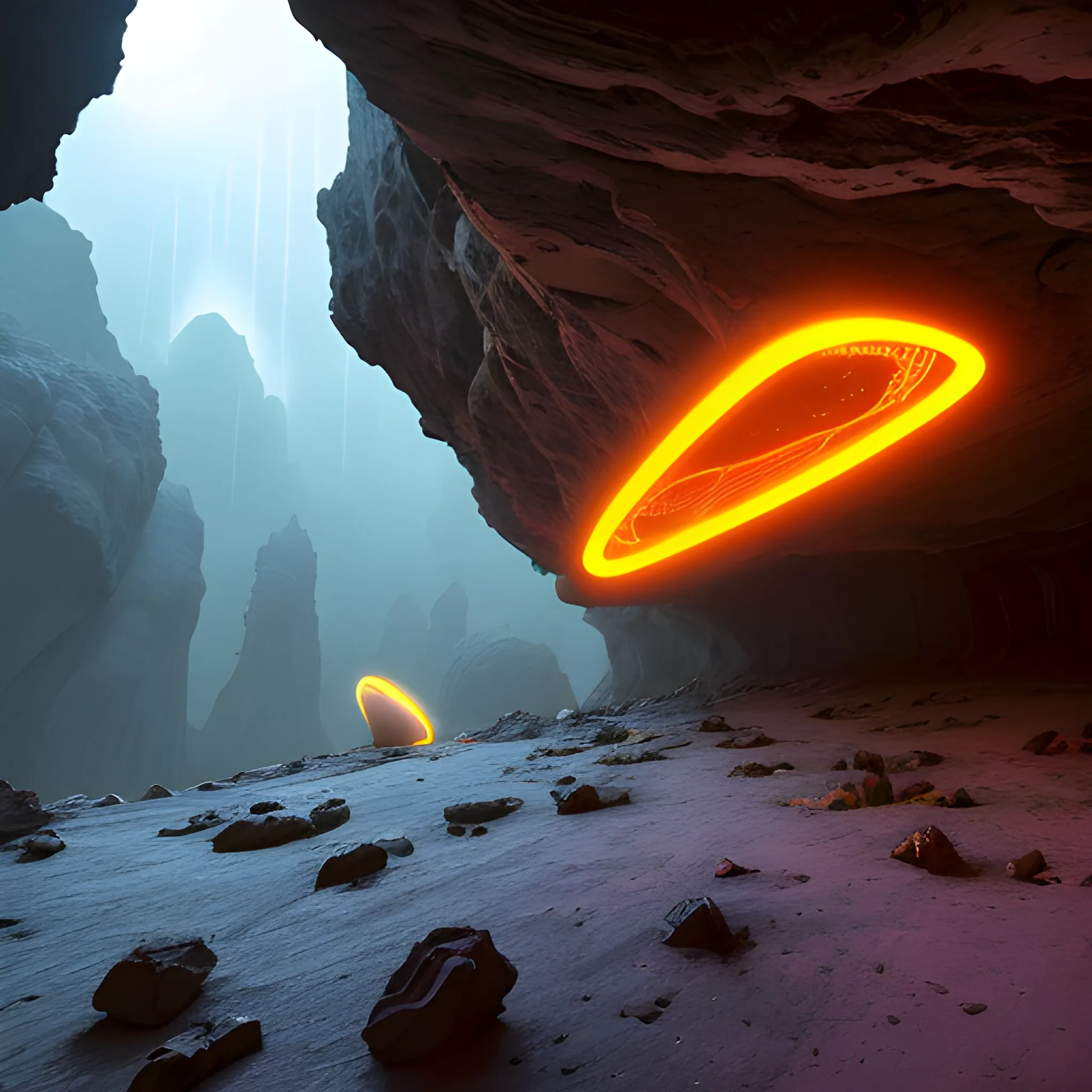 A futuristic, metallic drone equipped with thermal sensors hovers above a dimly lit cave. Heat signatures of unsuspecting pedestrians, rendered in vibrant hues, illuminate the urban landscape. The cave's ancient, crumbling stones seem to whisper secrets to the wind, which carries the scent of damp earth and decay. Flickering torches cast eerie shadows on the walls, as if the very rocks themselves were alive and watching