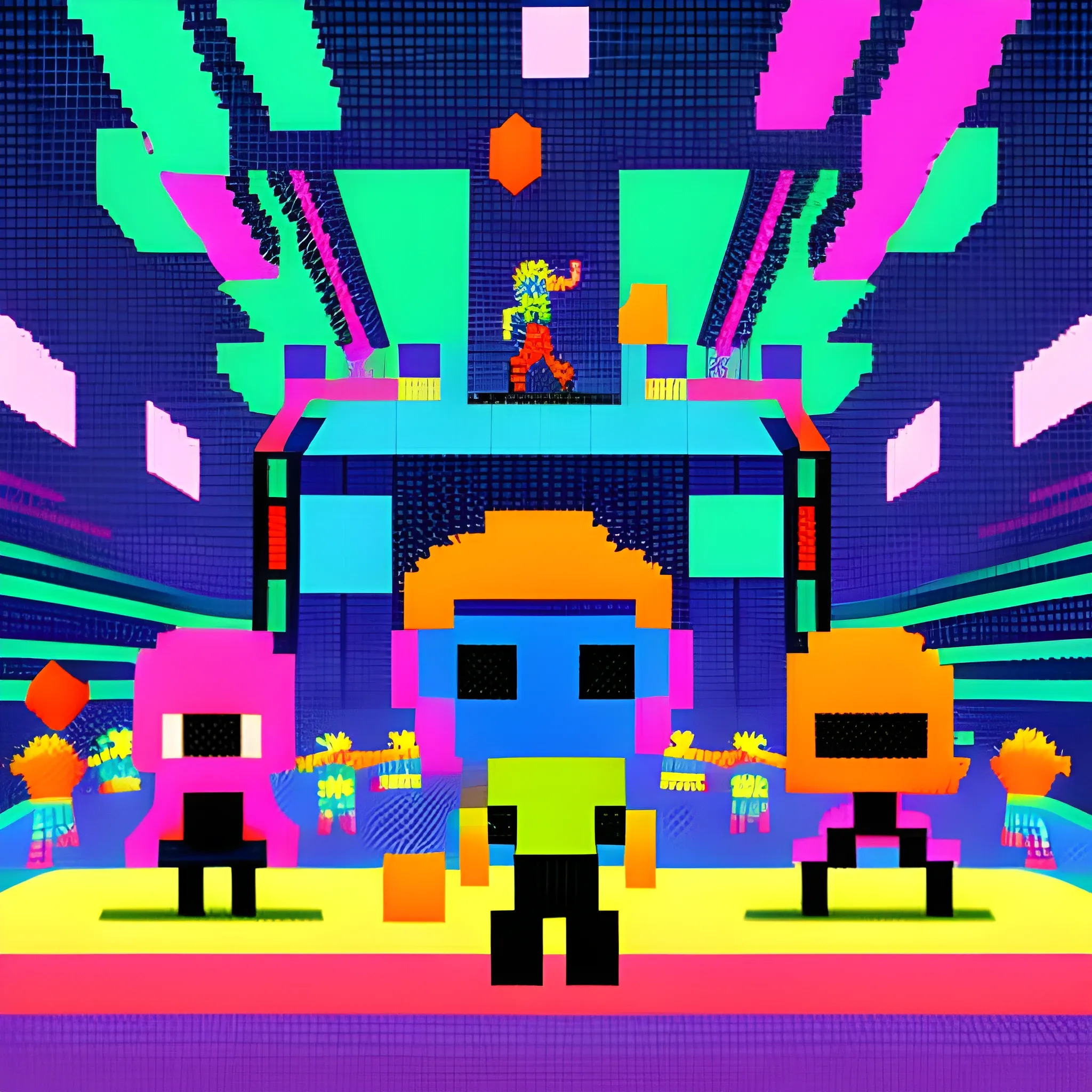 A microscopic world unfolds, revealing a community of pixelated characters navigating through a vibrant, block-colored landscape. Each figure embodies a single pixel, interacting with their textured environment through a playful, yet harmonious choreography. The atmosphere pulses with a kinetic energy, evoking the spirit of retro video games while immersed in a modern aesthetic.