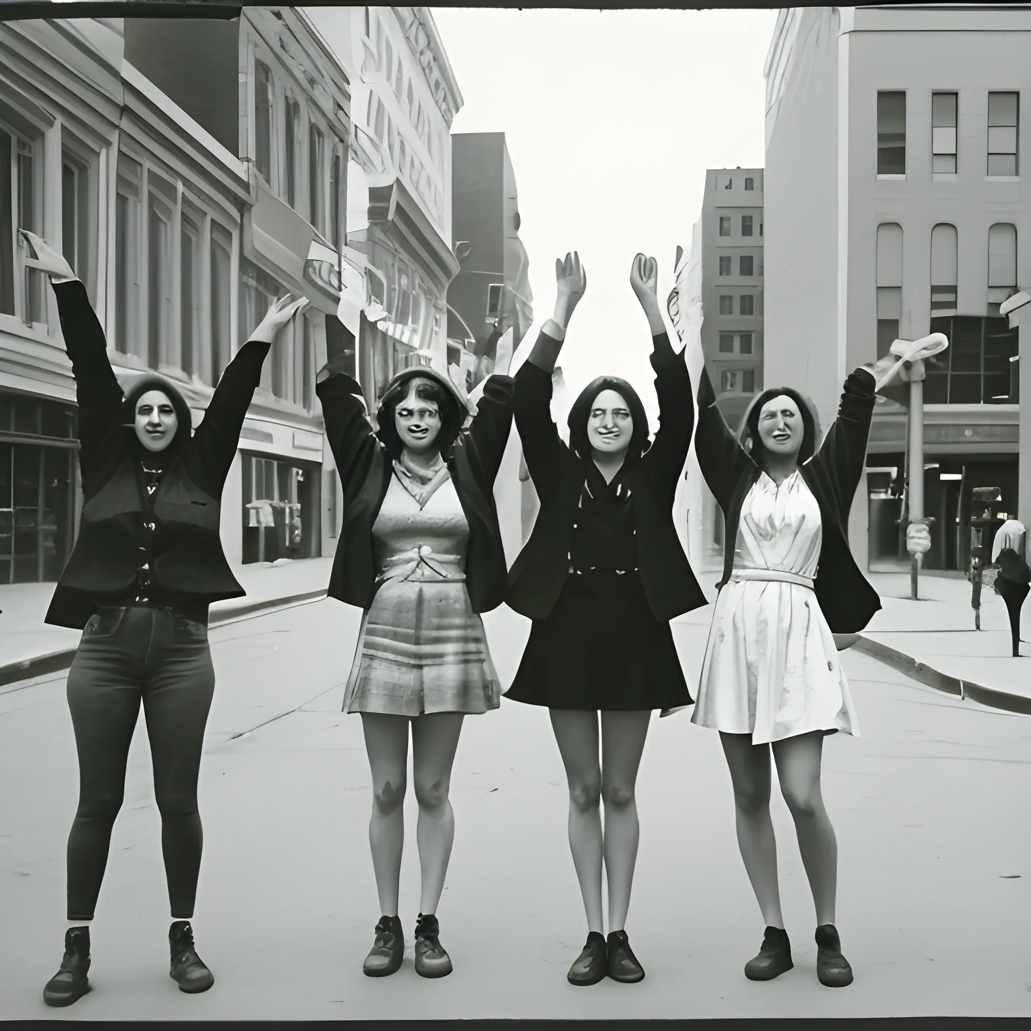 filmic photo of a group of three women on a street downtown, they are holding their hands up the camera
