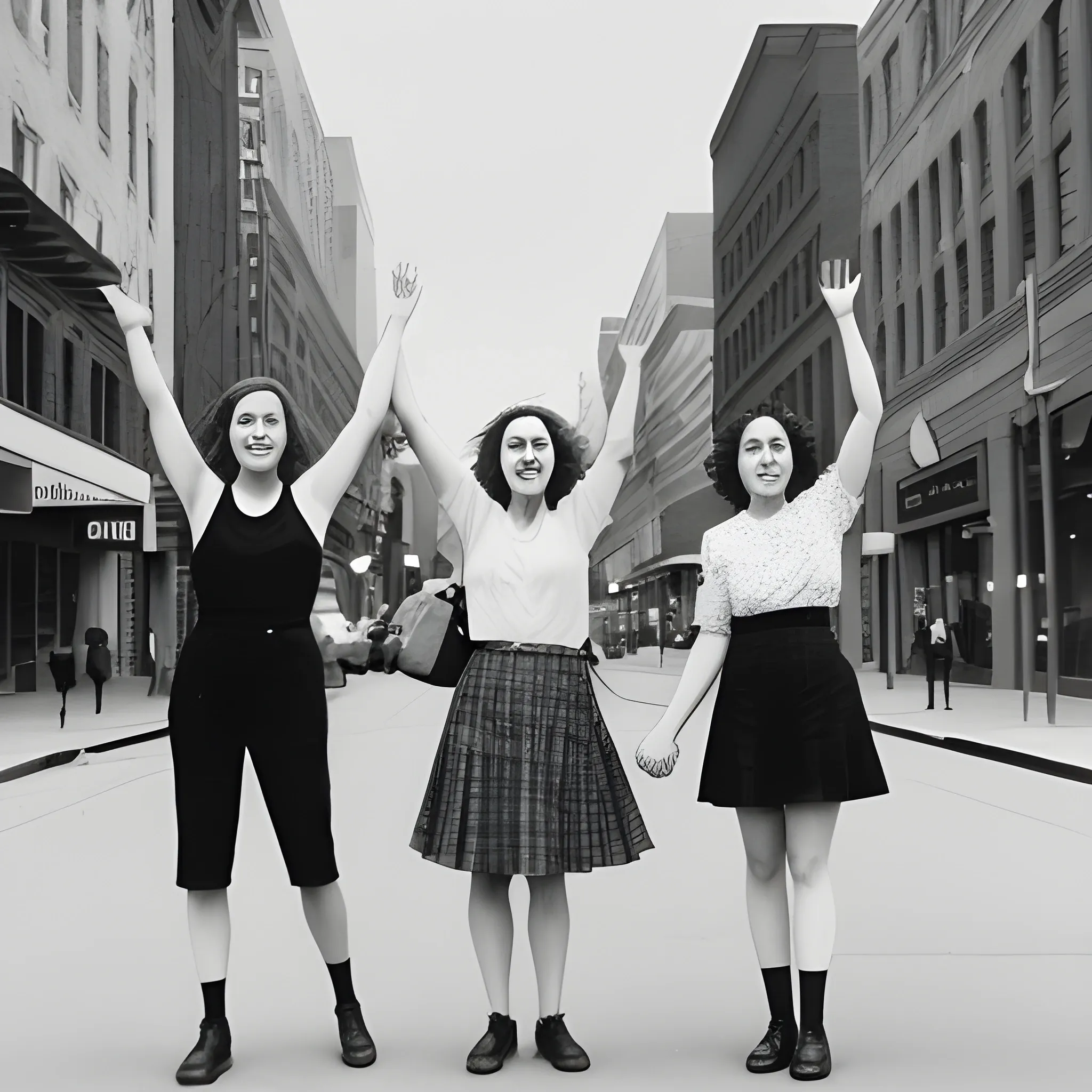 filmic photo of a group of three women on a street downtown, they are holding their hands up the camera
