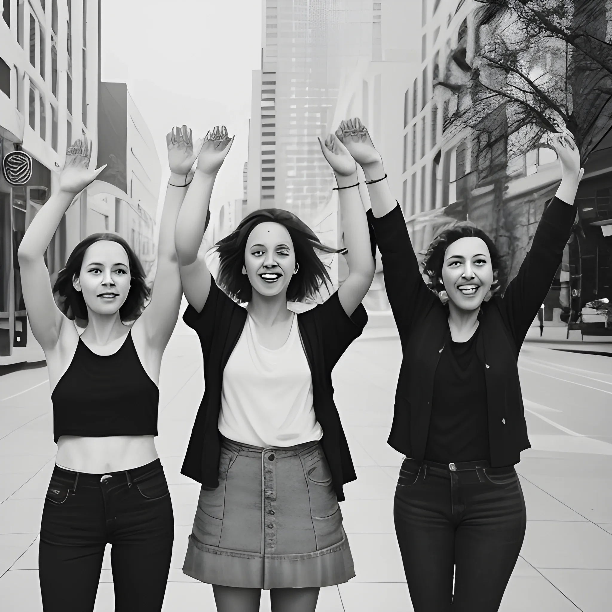 filmic photo of a group of three women on a street downtown, they are holding their hands up the camera
