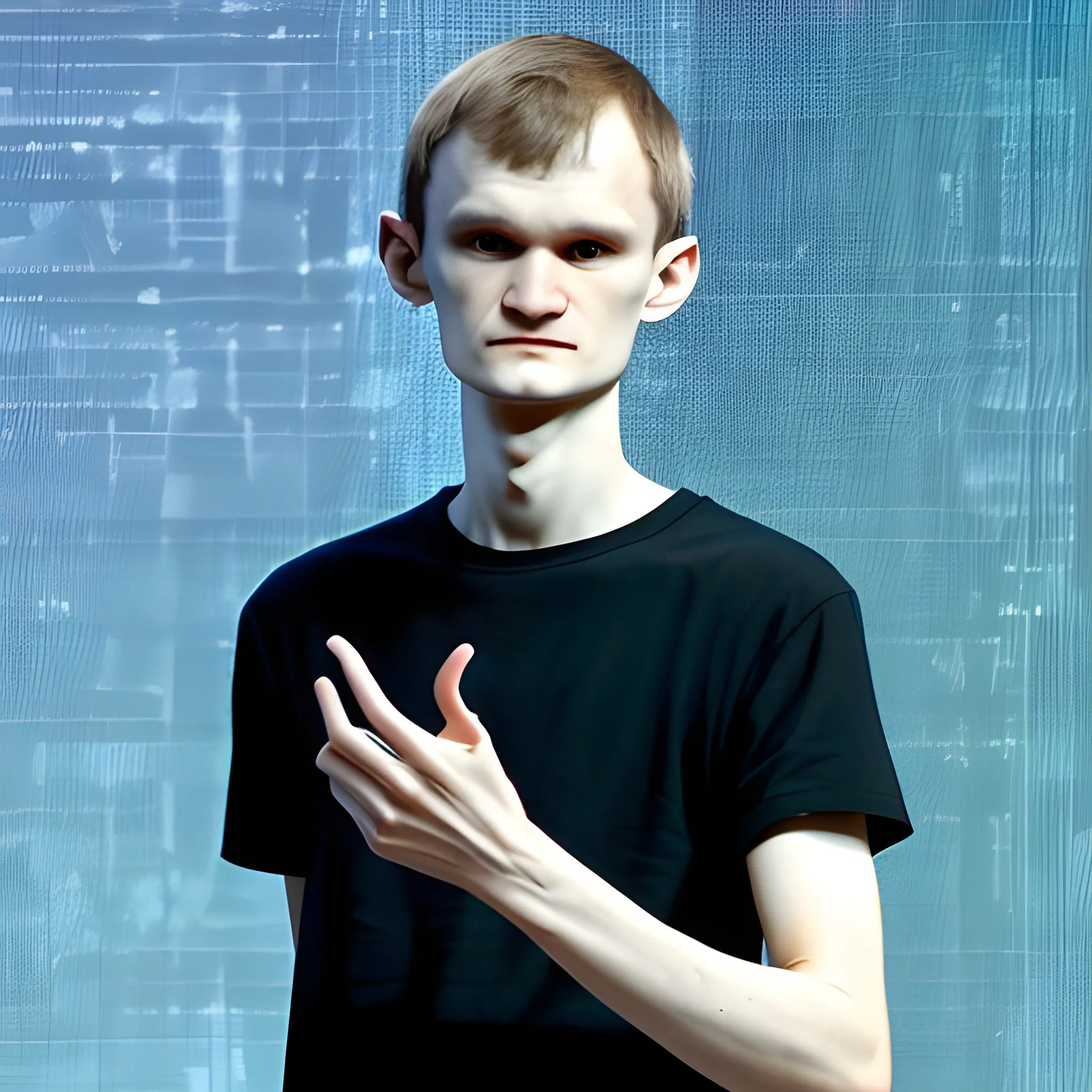 full body vitalik buterin points his index finger to the side