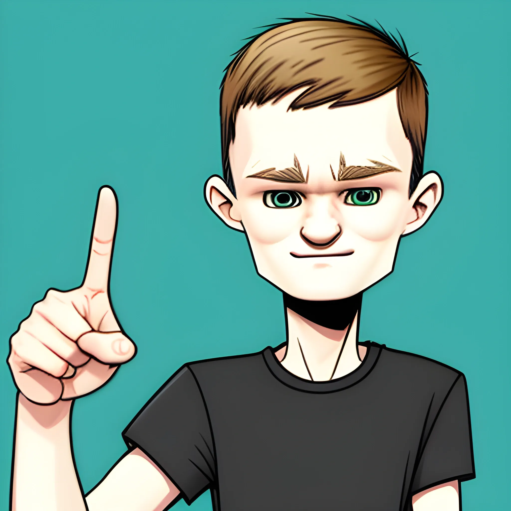 full body vitalik buterin points his index finger to the side, Cartoon