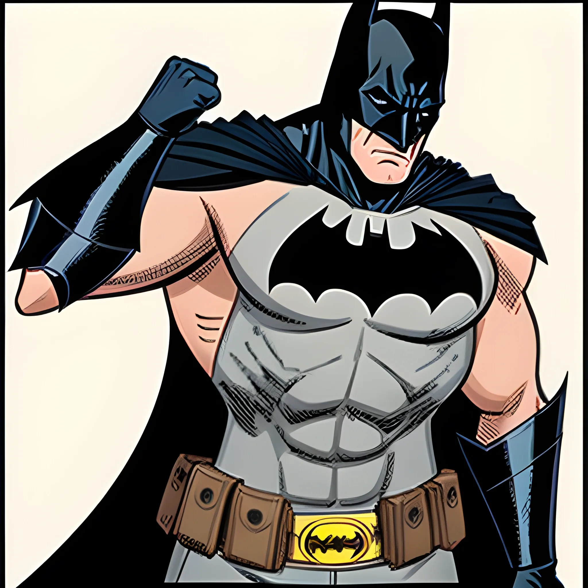 I want 5 pictures of a confident strong batman with his armour progressively becoming weaker with each picture, Cartoon