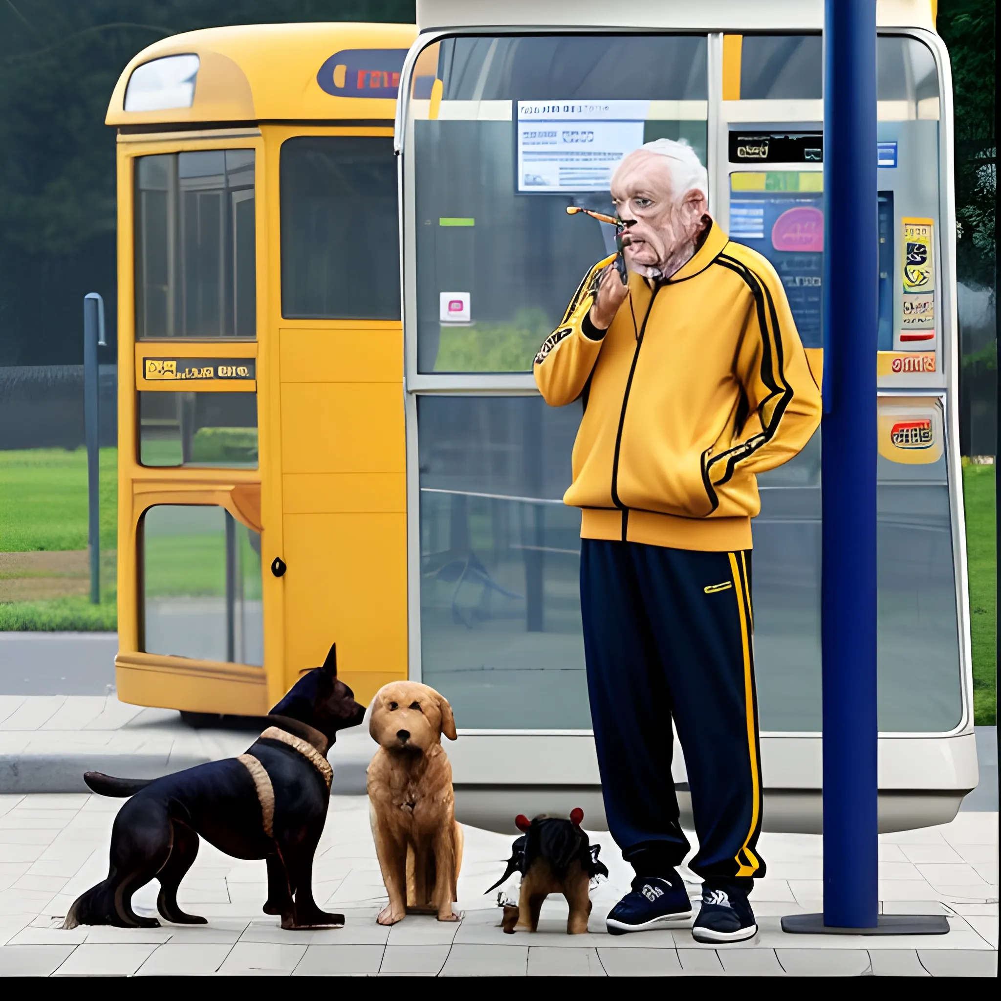 An elderly man dressed in a tracksuit smokes a cigarette while standing at a bus stop. Three dogs with golden eyes stand nearby