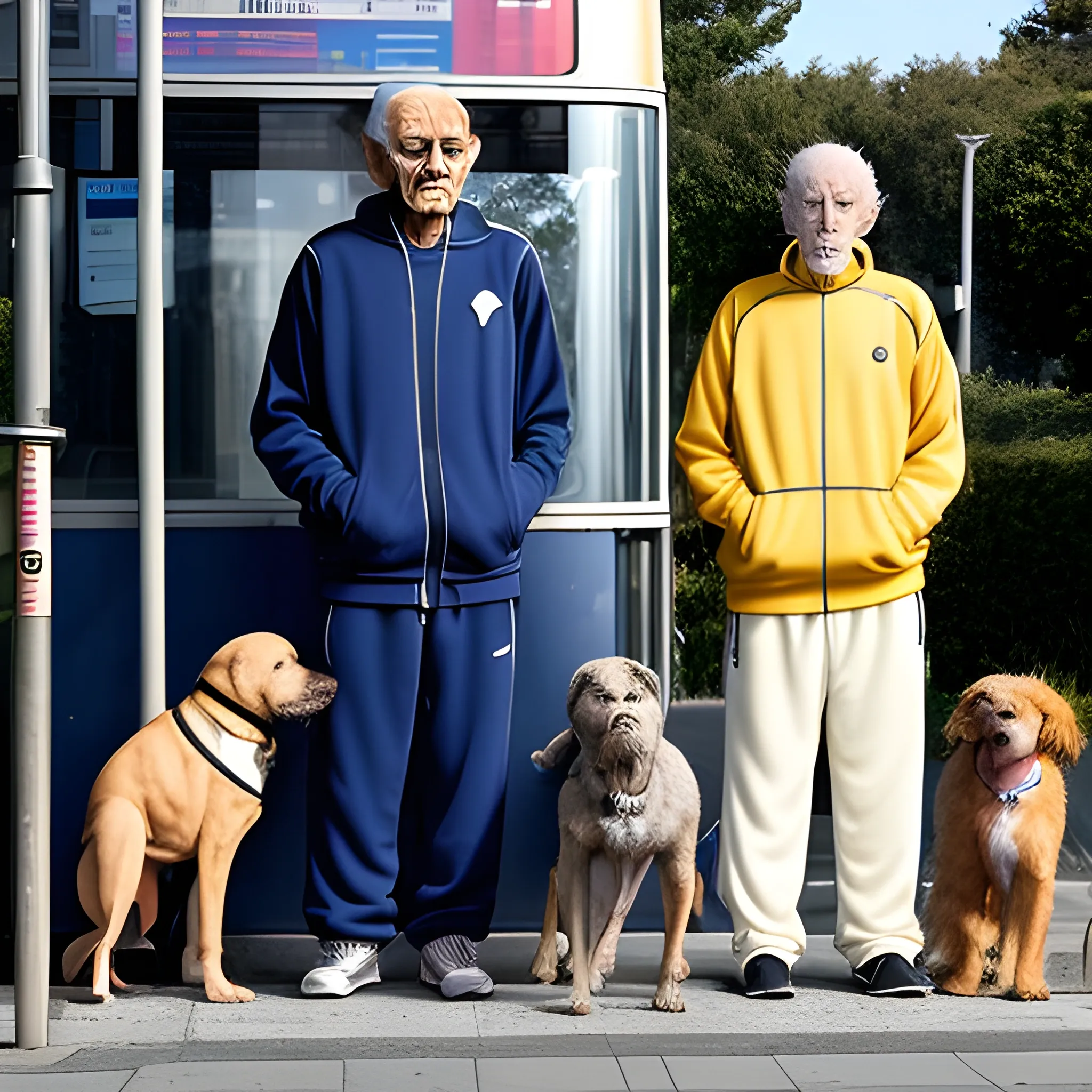 An elderly man dressed in a tracksuit smokes a cigarette while standing at a bus stop. Three dogs with golden eyes stand nearby, Trippy