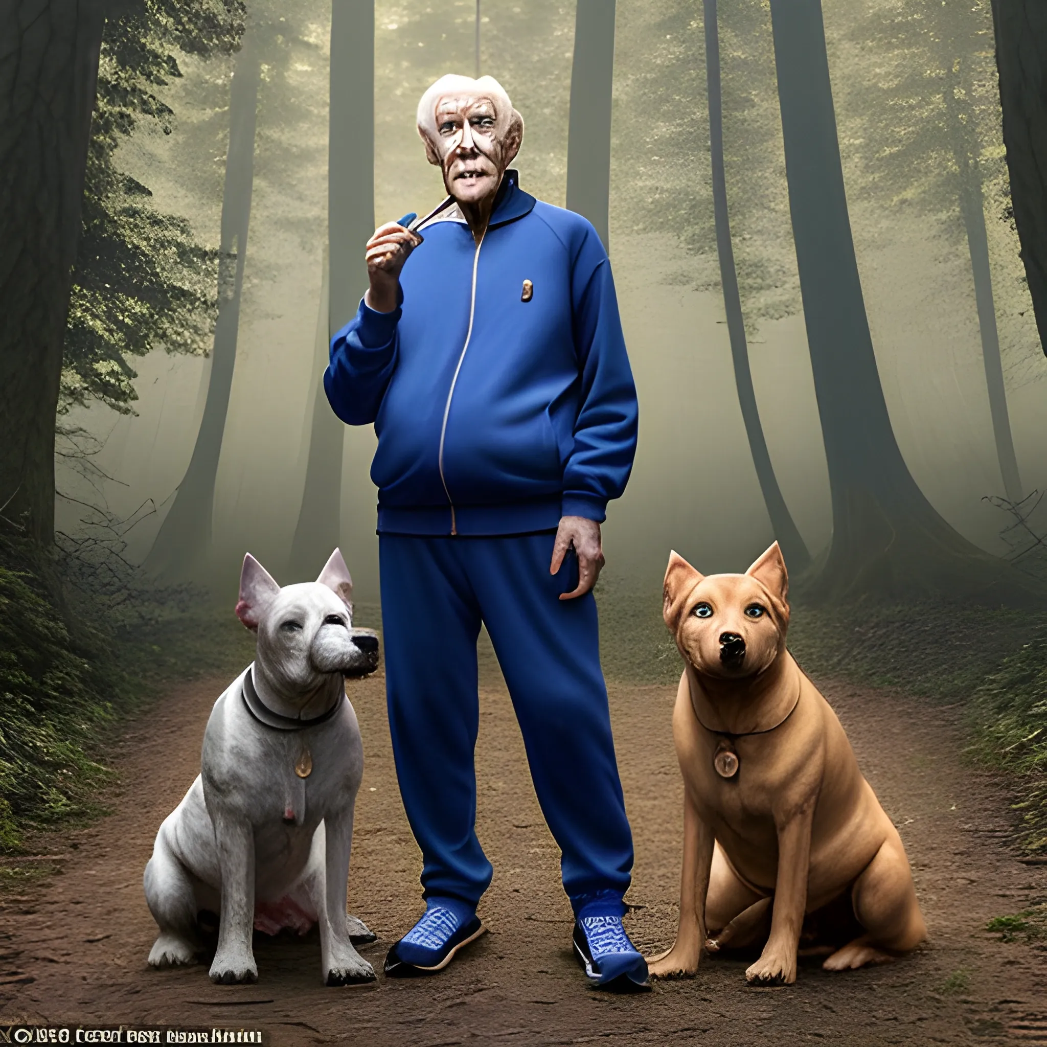 An elderly man dressed in a dark blue tracksuit smokes a cigarette while standing in the forest. Three dogs with golden eyes stand nearby, Trippy