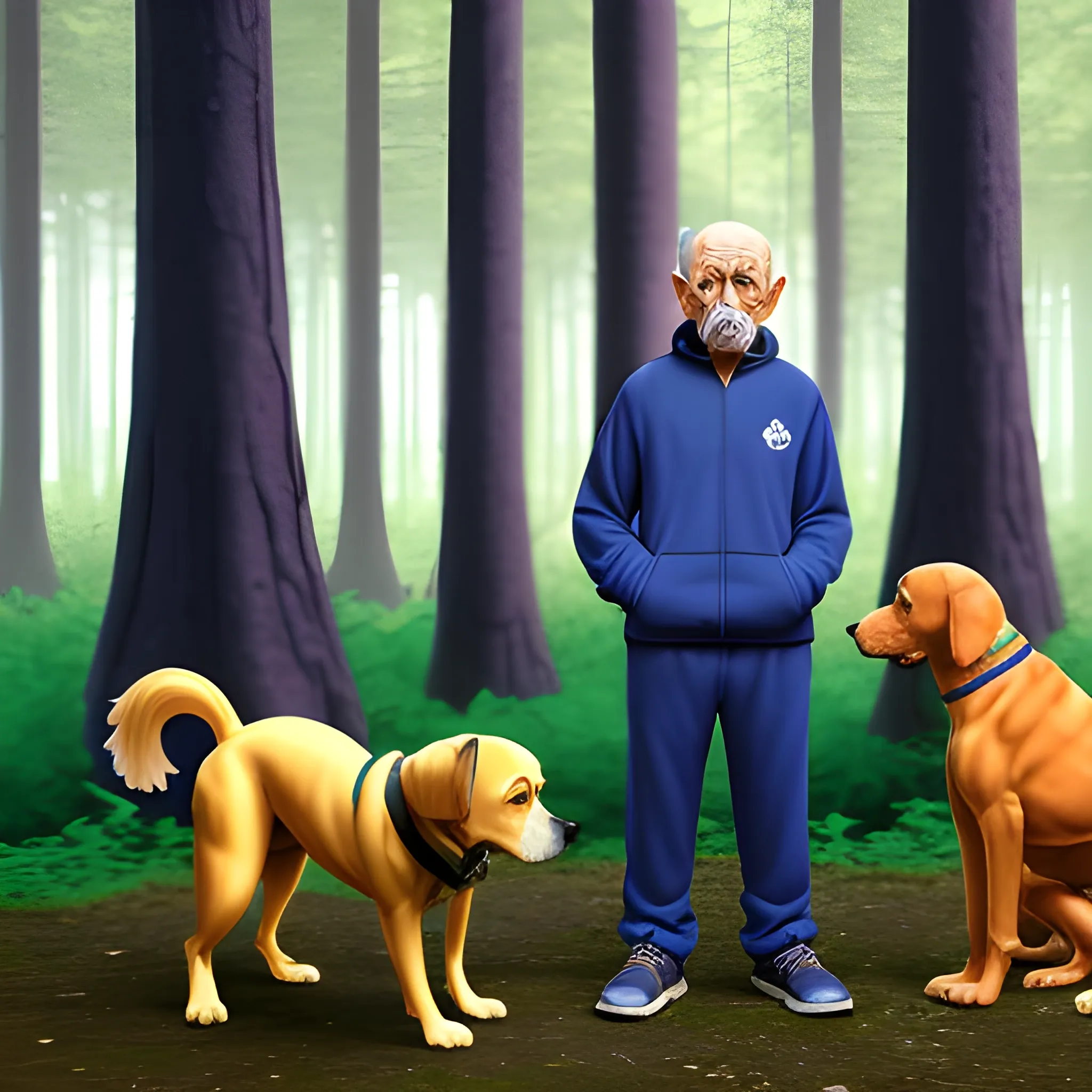 An elderly man dressed in a dark blue tracksuit smokes a cigarette while standing in the forest. Three dogs with golden eyes stand nearby, Trippy, Trippy, Cartoon, 3D