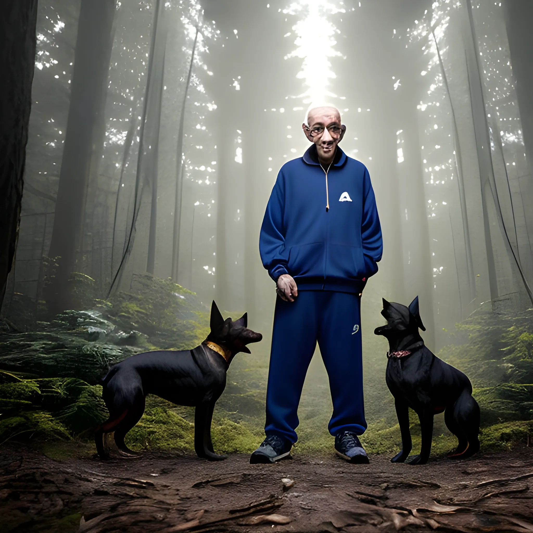 An elderly man dressed in a dark blue tracksuit smokes a cigarette while standing in a dense dark forest. Three dogs with golden eyes stand nearby, Trippy, Trippy