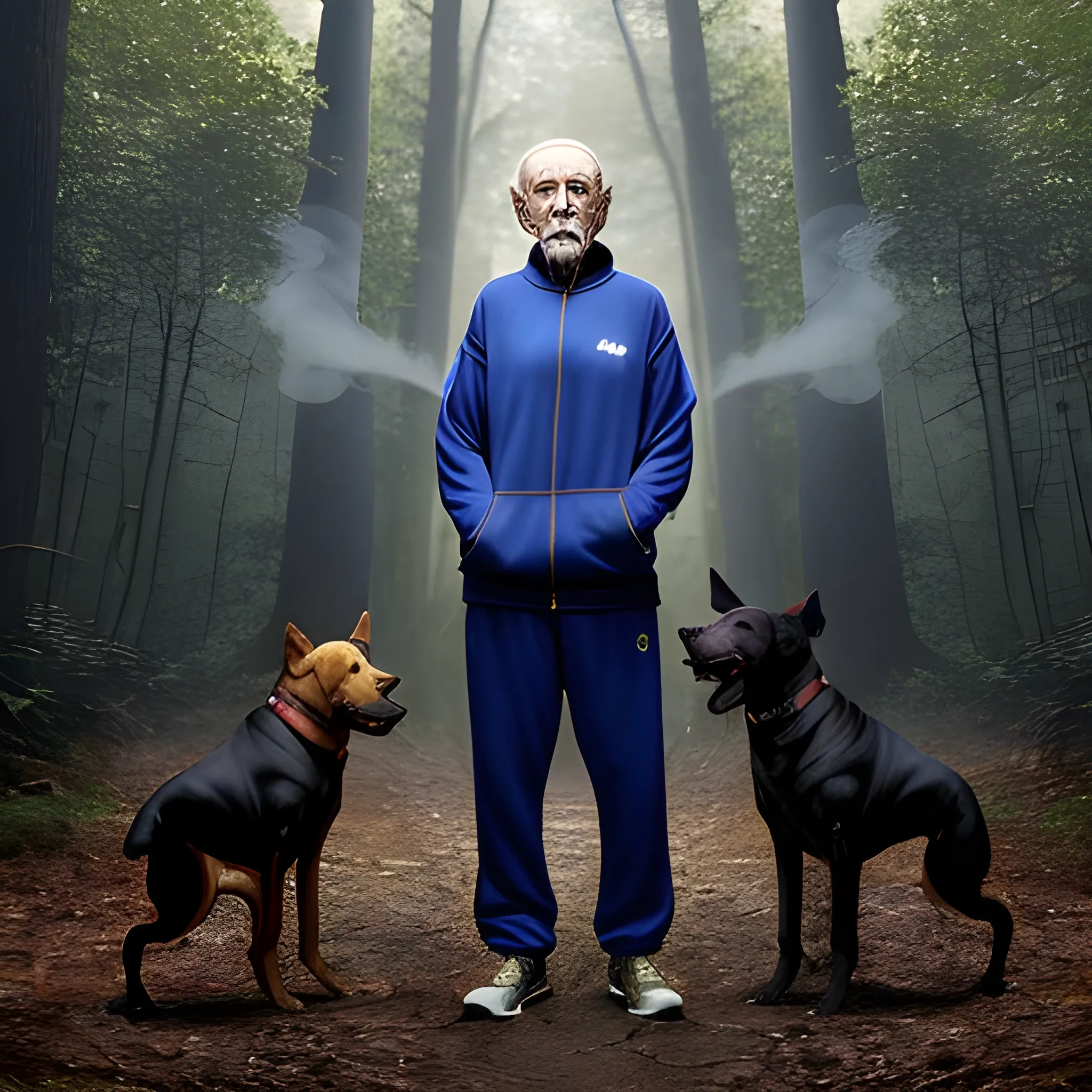 An elderly man dressed in a dark blue tracksuit smokes a cigarette while standing in a dense dark forest. Three dogs with golden eyes stand nearby, Trippy, Trippy