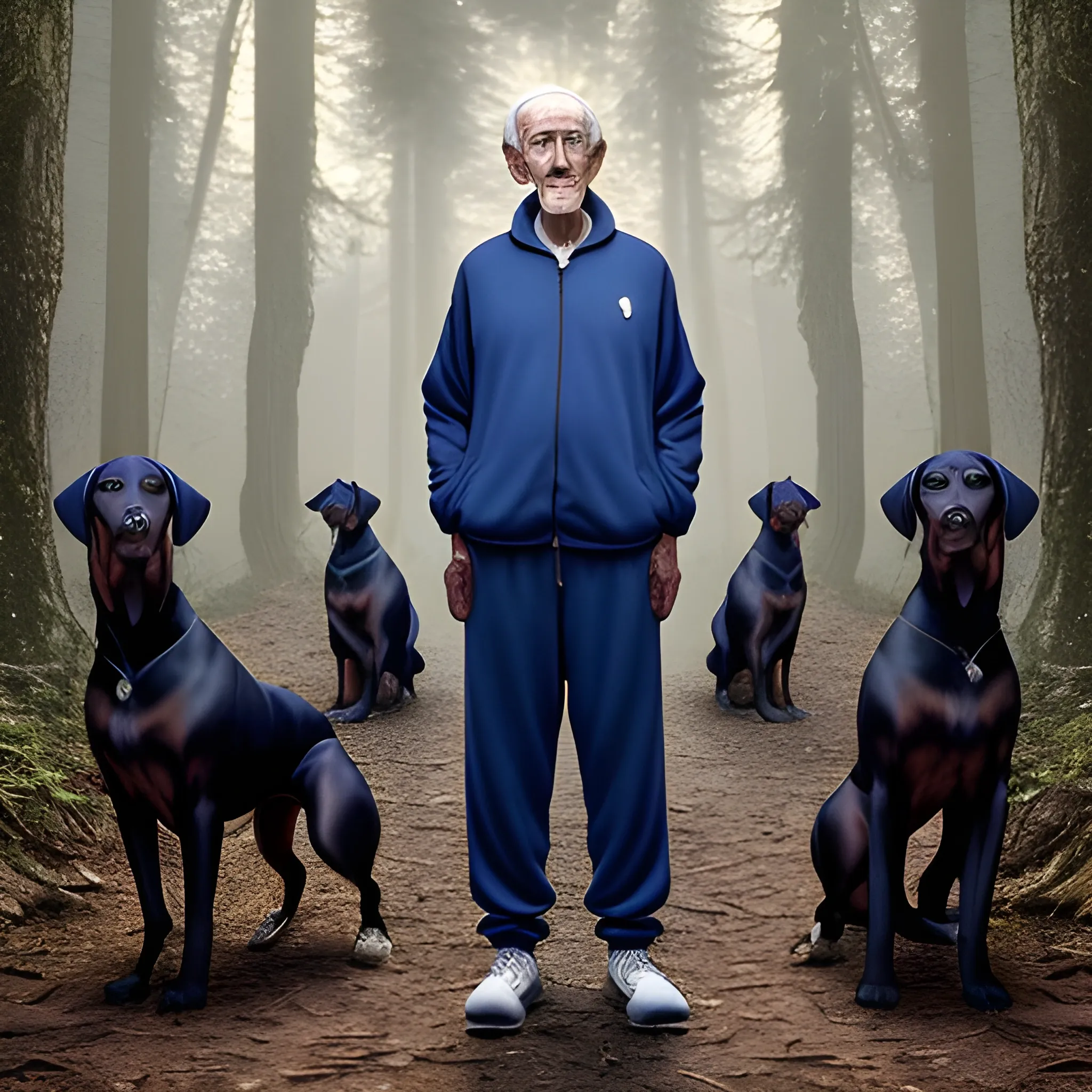 an elderly man dressed in a dark blue tracksuit smokes a cigarette while standing in a dense dark forest surrounded by golden-eyed Dobermans, Trippy