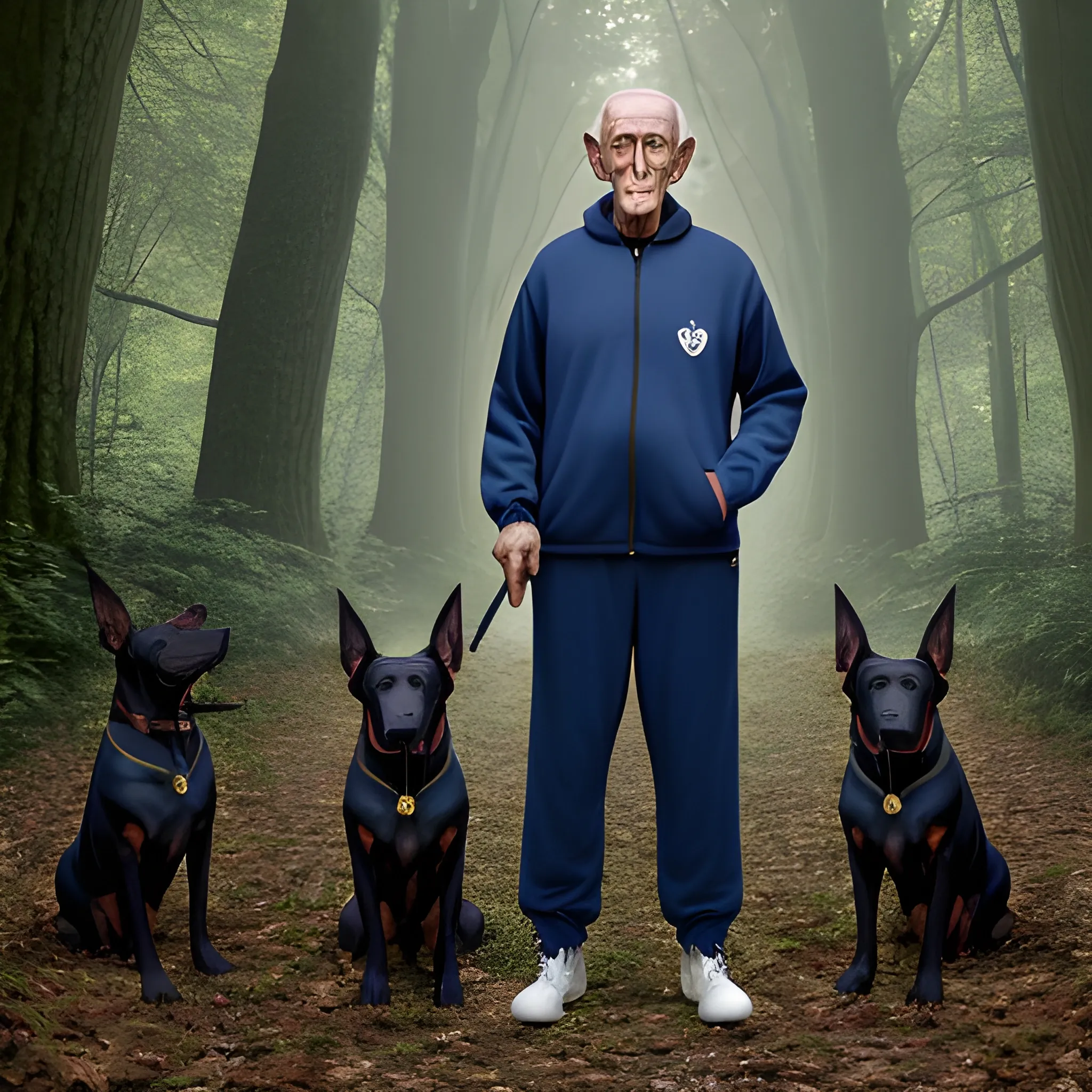 an elderly man dressed in a dark blue tracksuit smokes a cigarette while standing in a dense, dark, green forest, surrounded by dobermans with golden eyes, Trippy