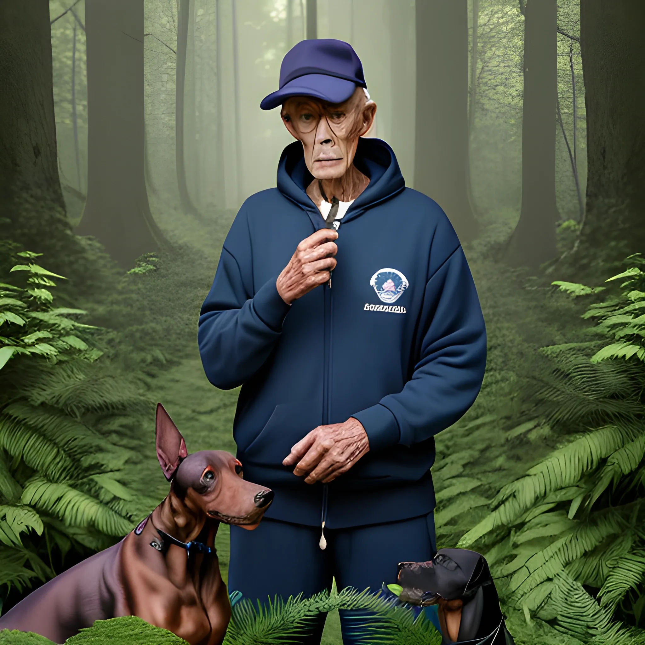 an elderly man dressed in a dark blue tracksuit smokes a cigarette while standing in a dense, dark, green forest, surrounded by dobermans with golden eyes, Trippy