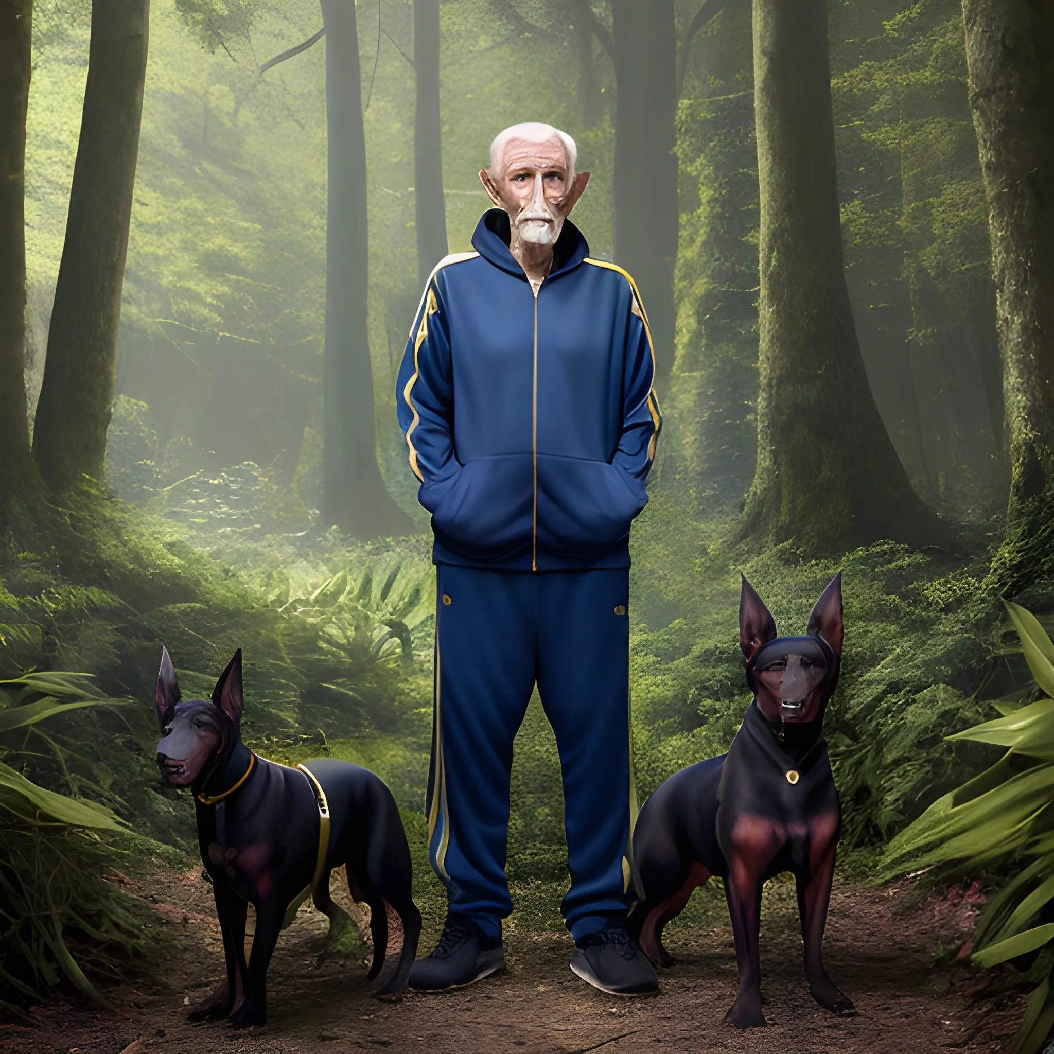 an elderly man dressed in a dark blue tracksuit smokes a cigarette while standing in a dense, dark, green forest, surrounded by dobermans with golden eyes, Trippy