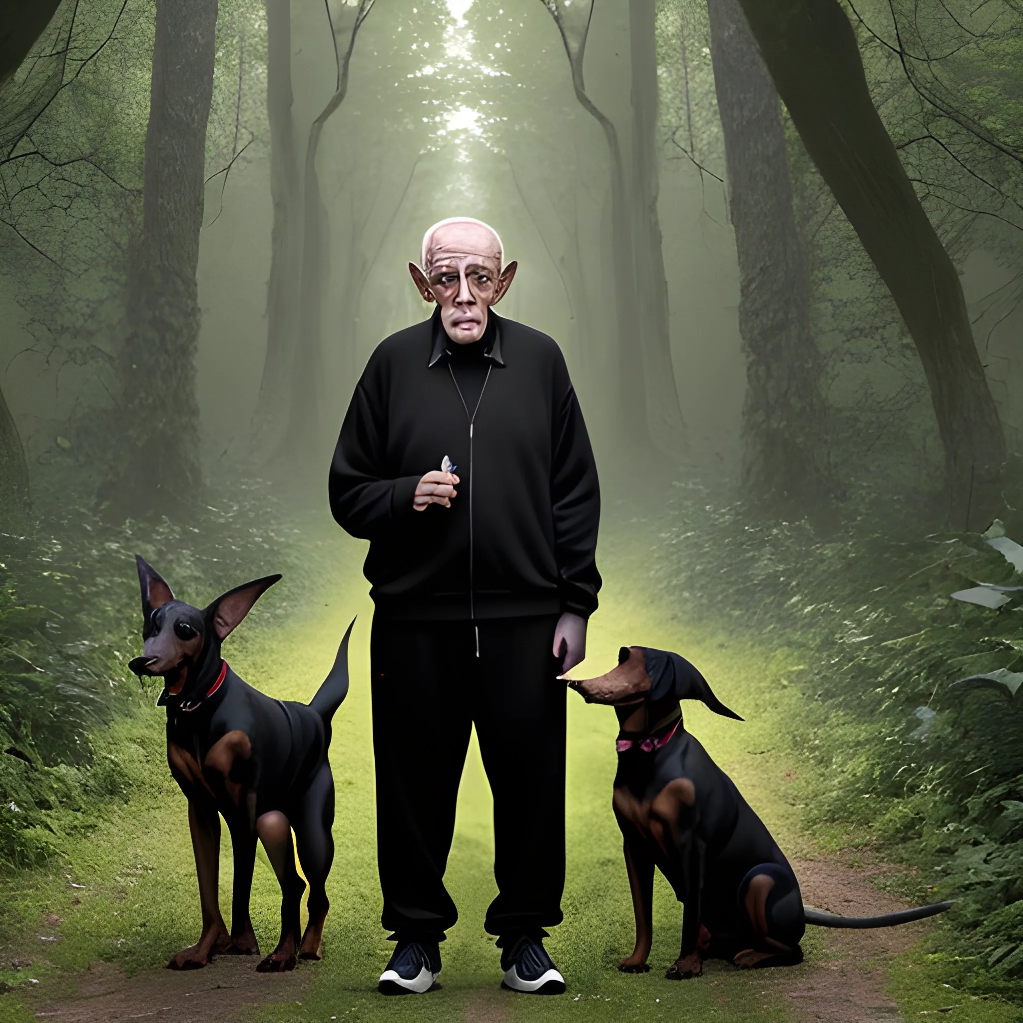 an elderly man dressed in a black tracksuit smokes a cigarette while standing in a dense, dark, green forest, surrounded by dobermans with golden eyes, Trippy