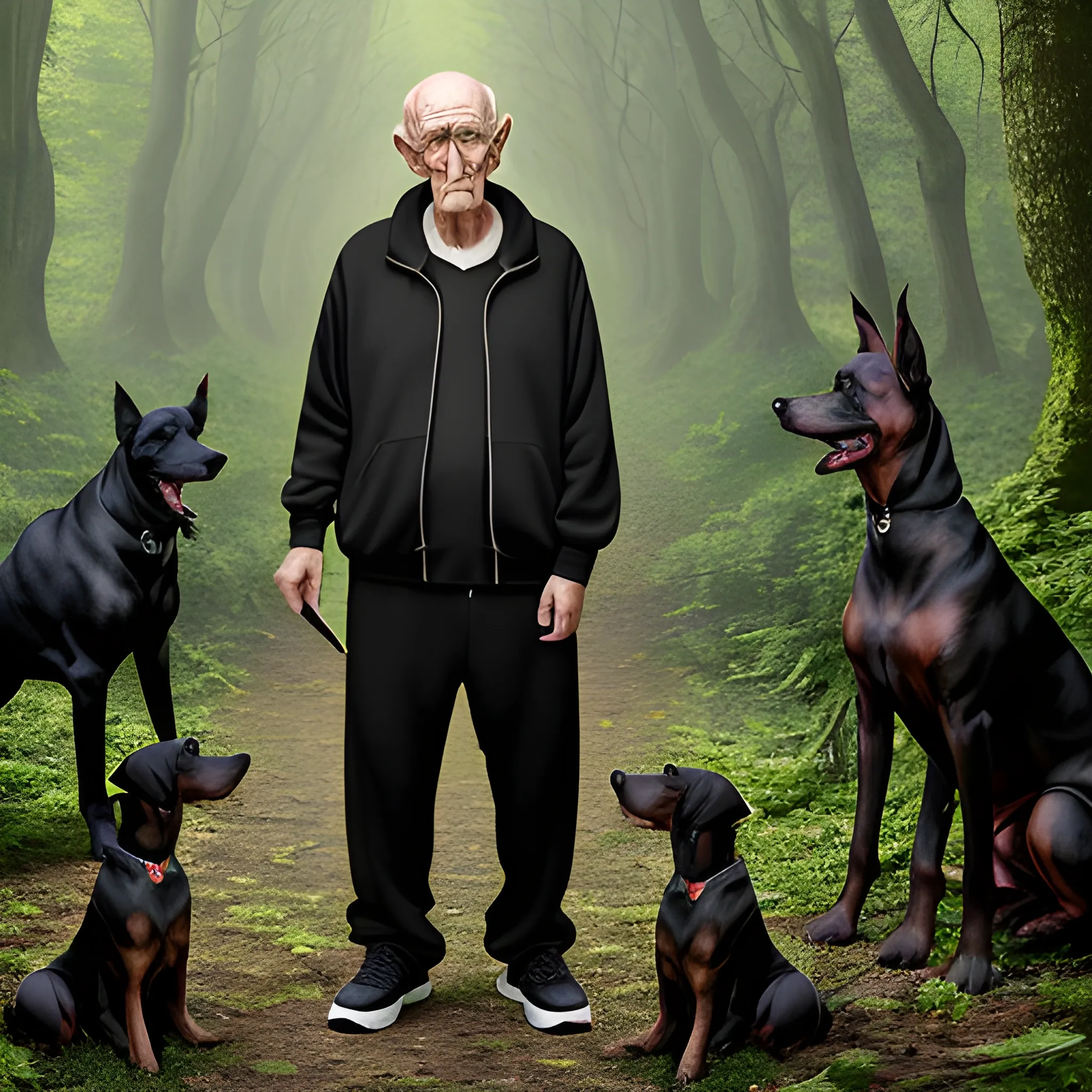 an elderly man dressed in a black tracksuit smokes a cigarette while standing in a dense, dark, green forest, surrounded by dobermans with golden eyes, Trippy