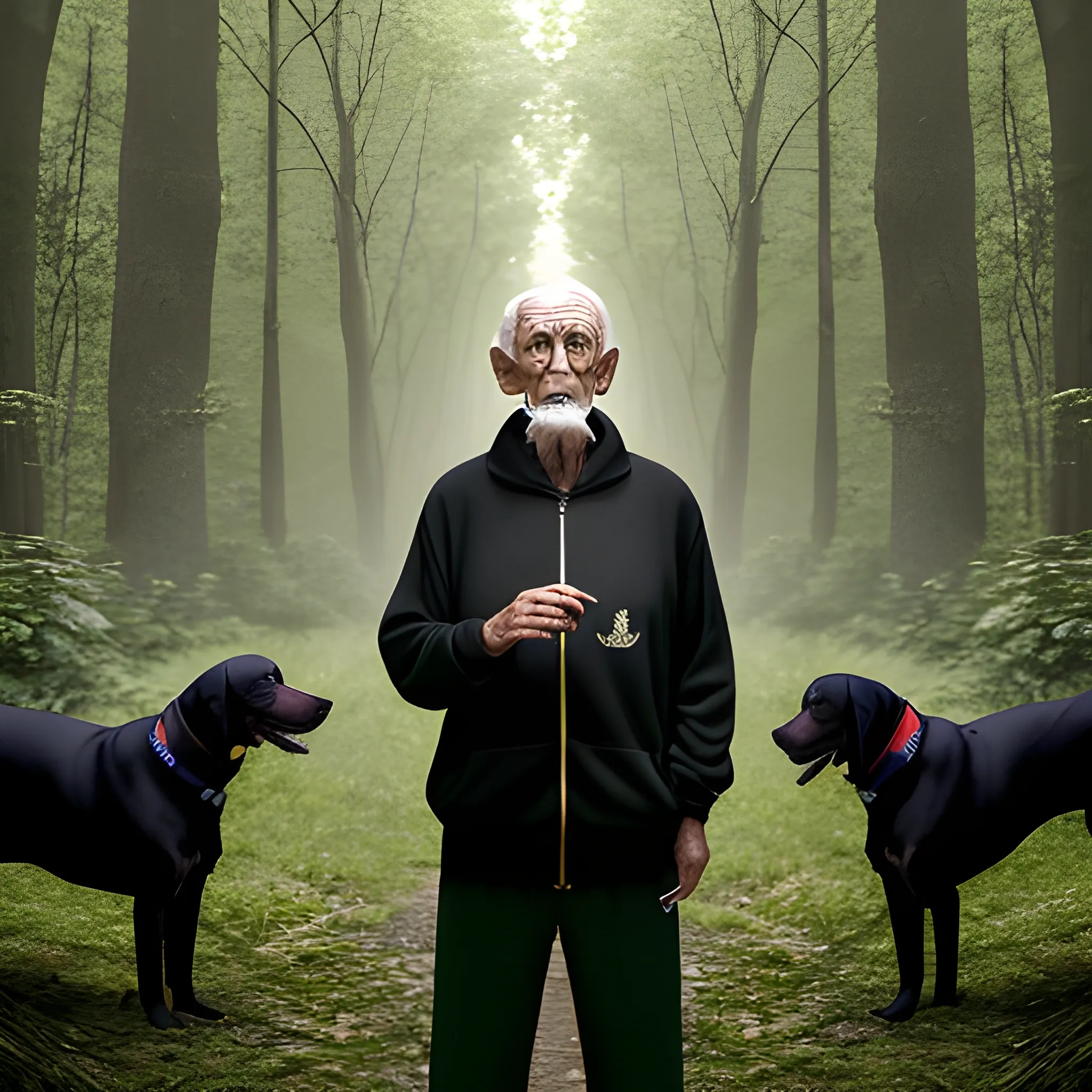 an elderly man dressed in a black tracksuit smokes a cigarette while standing in a dense, dark, green forest, surrounded by dobermans with golden eyes, Trippy