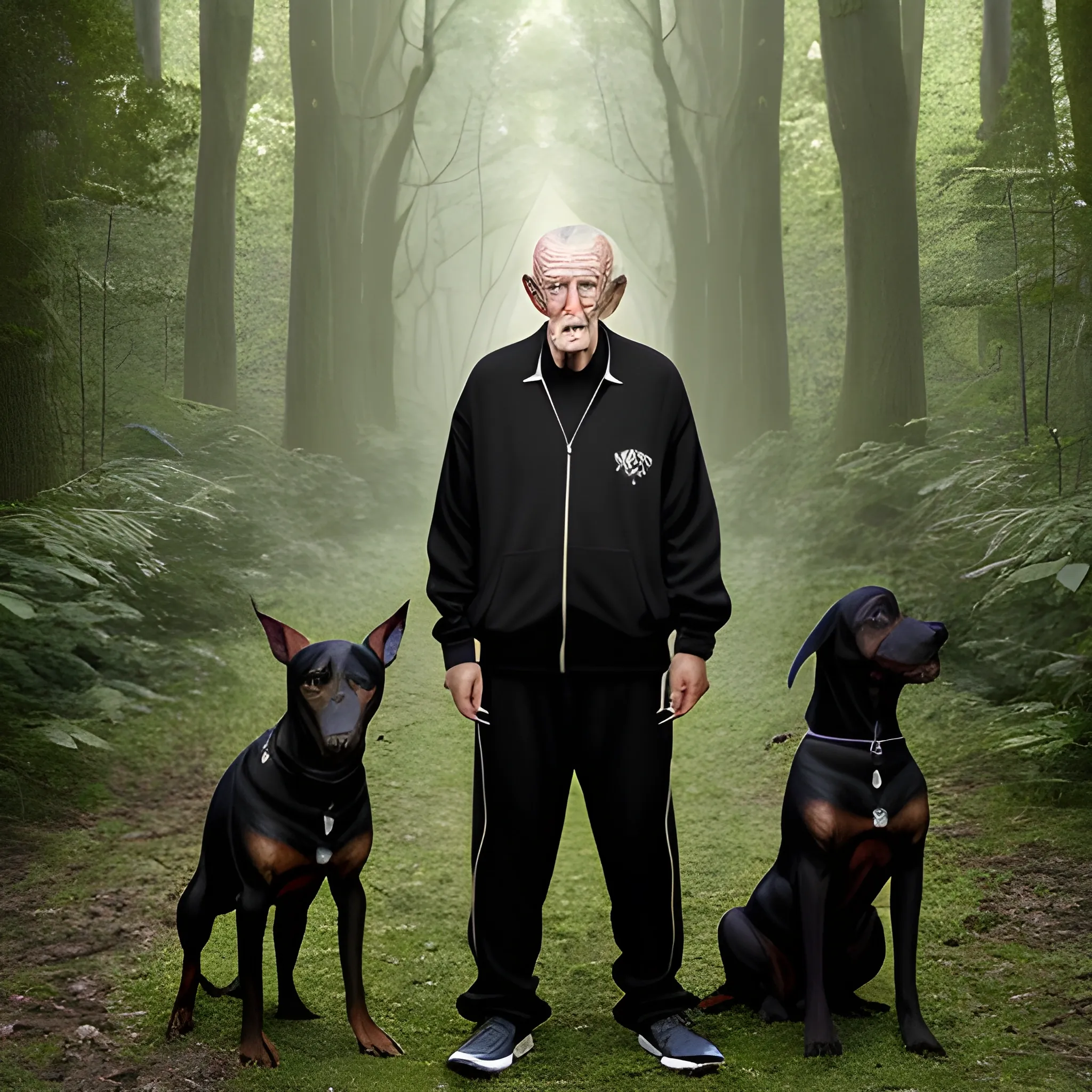 an elderly man dressed in a black tracksuit smokes a cigarette while standing in a dense, dark, green forest, surrounded by dobermans with golden eyes, Trippy