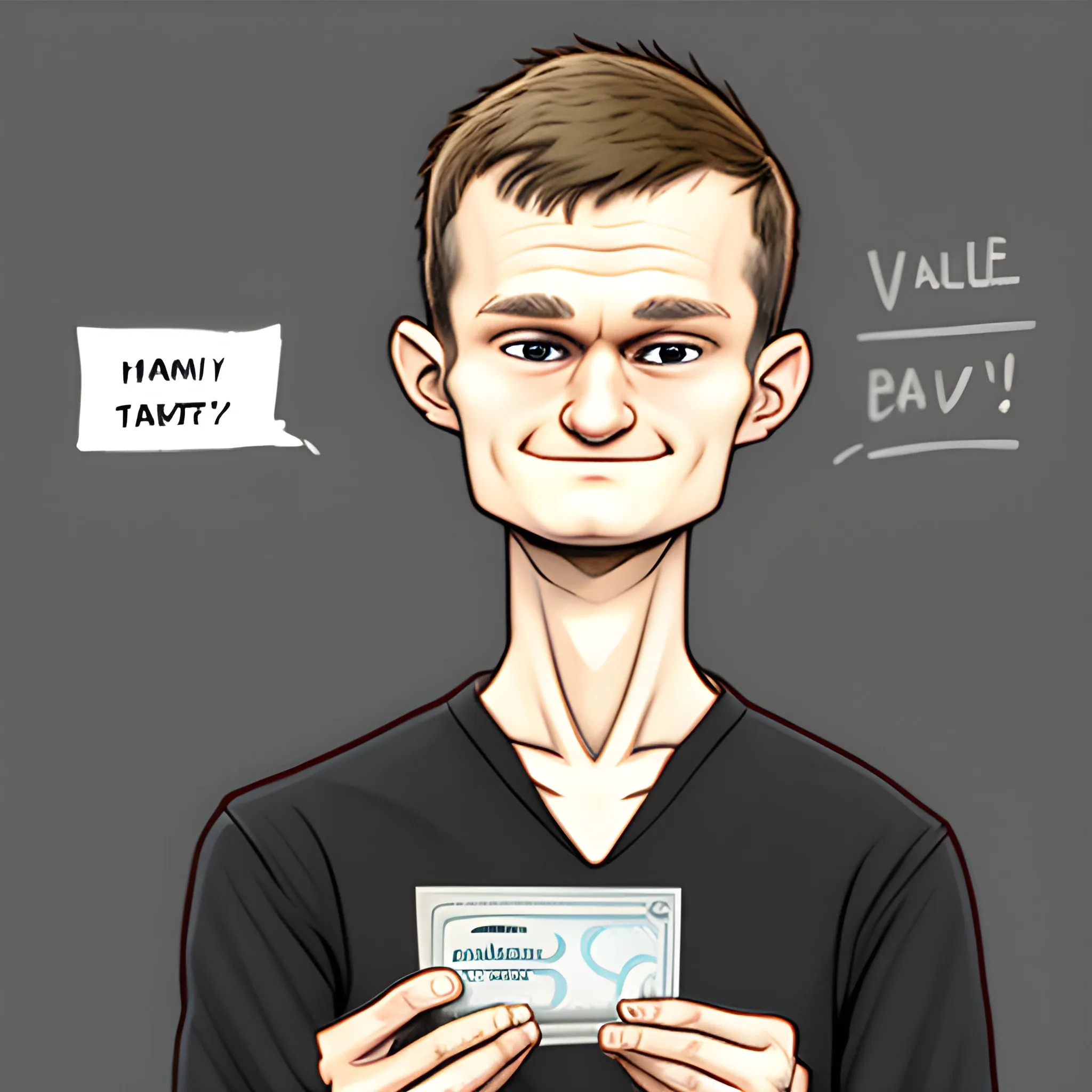 vitalik buterin holding dollars in his hand, Cartoon