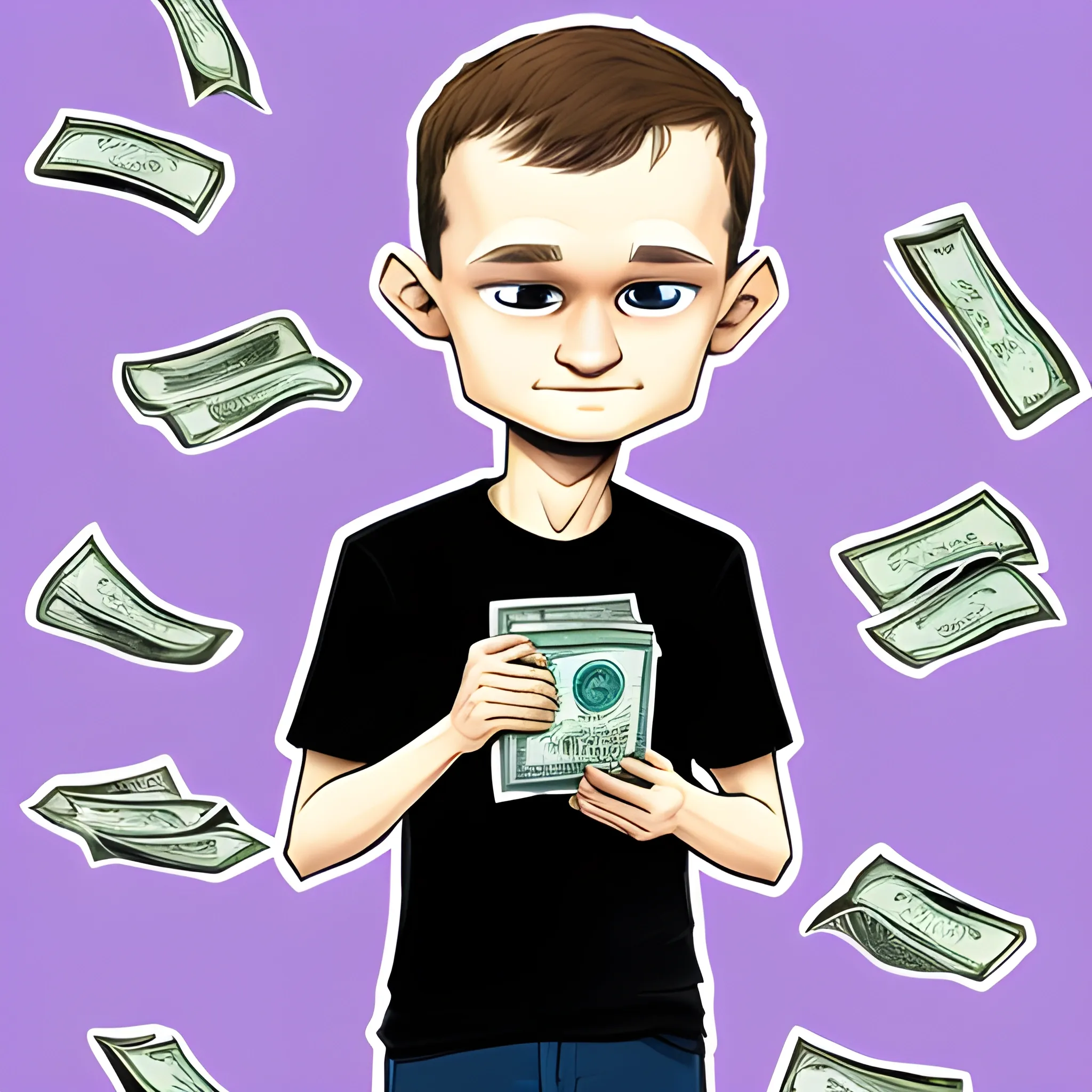 vitalik buterin holding many dollars in his hand, Cartoon