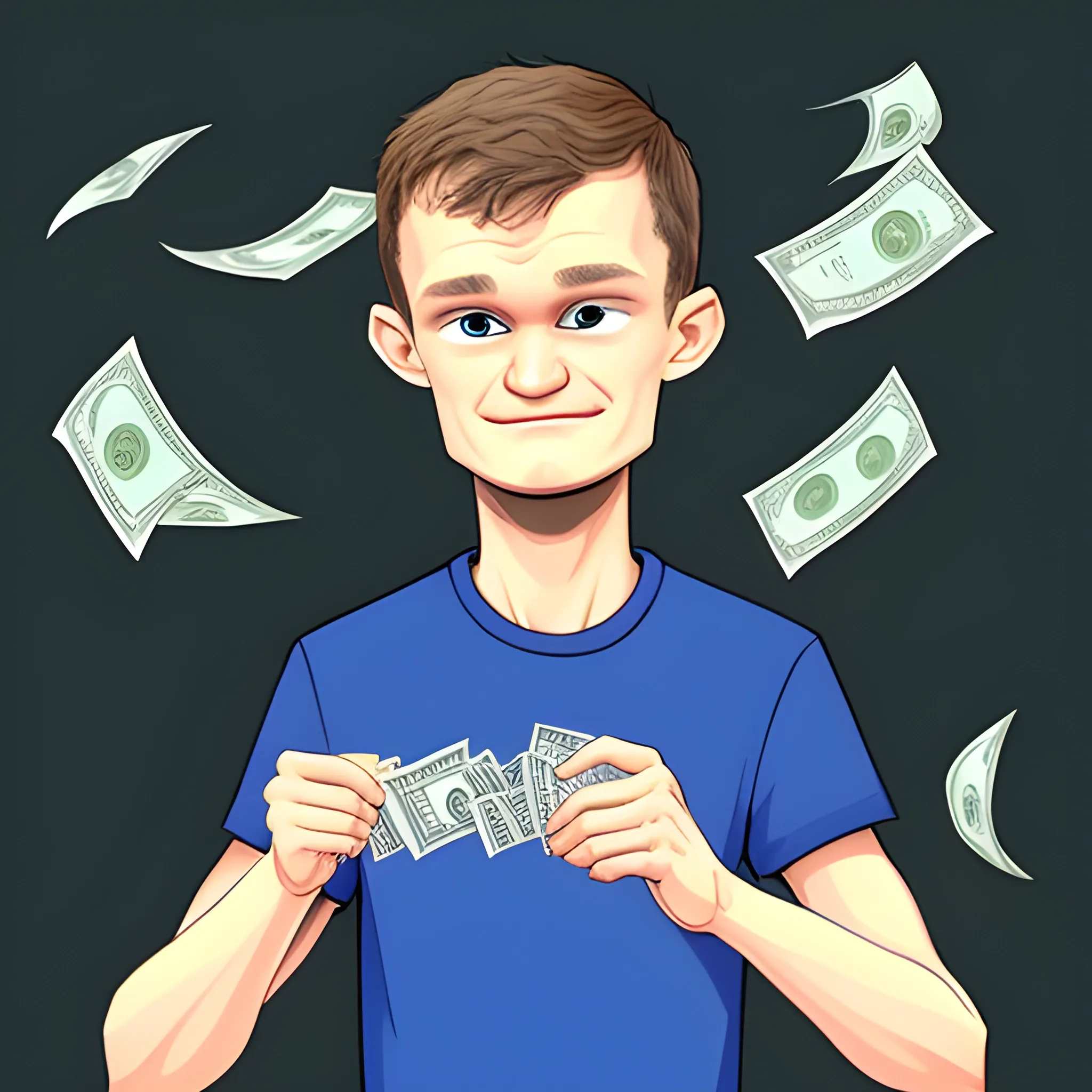 Vitalik Buterin holds a lot of money in his hand, Cartoon