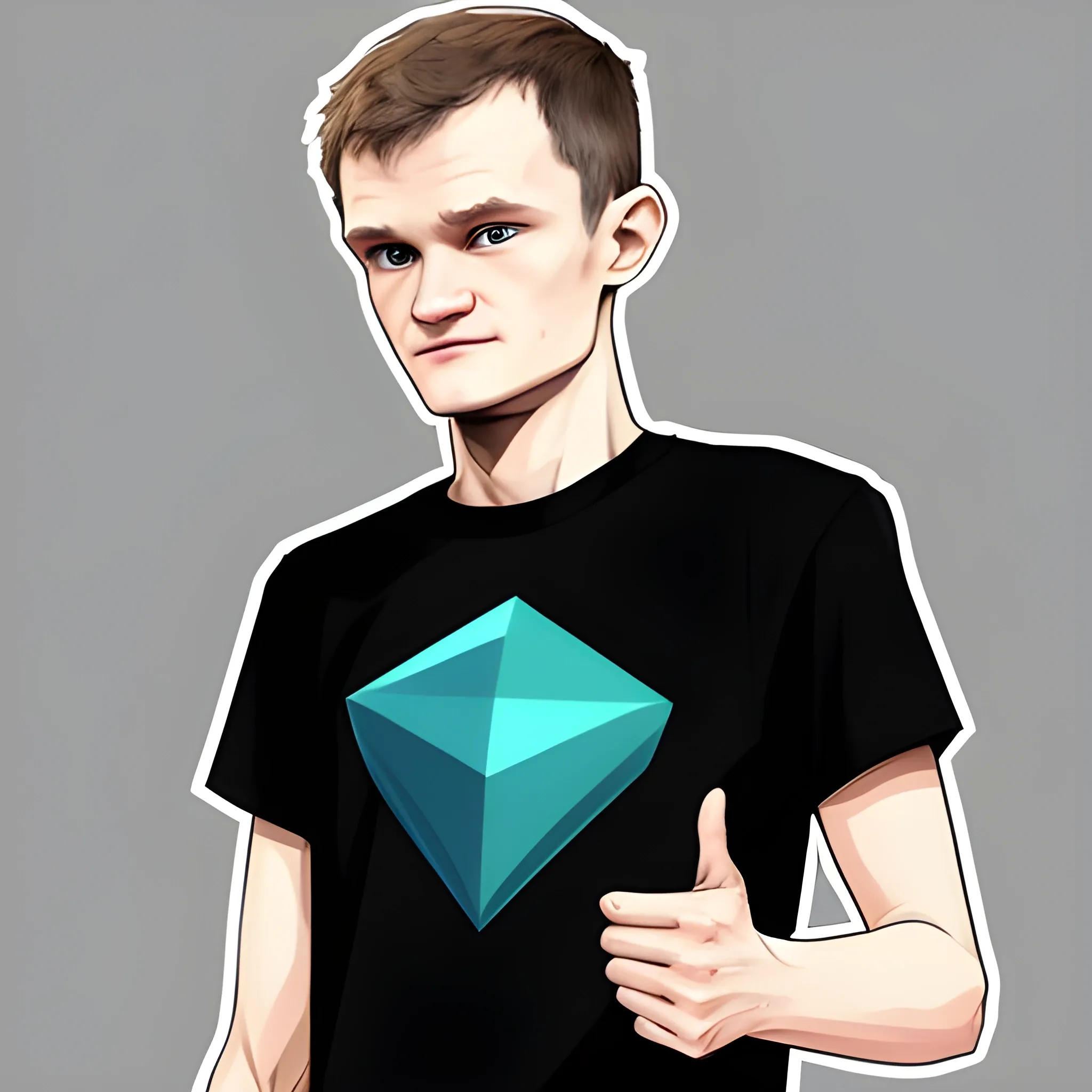 Vitalik Buterin wearing a t-shirt with the Ethereum logo is holding a lot of money in his hand, Cartoon