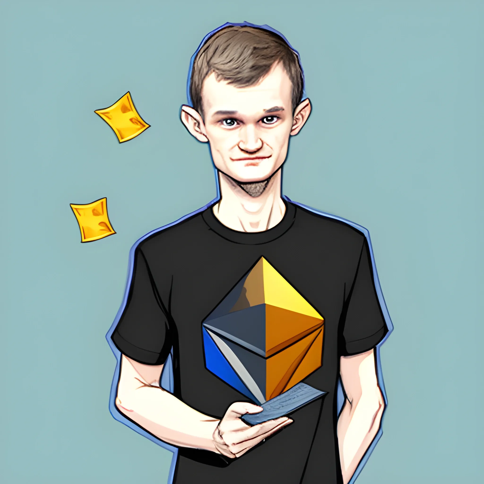 Vitalik Buterin wearing a t-shirt with the Ethereum logo is holding a lot of money in his hand, Cartoon