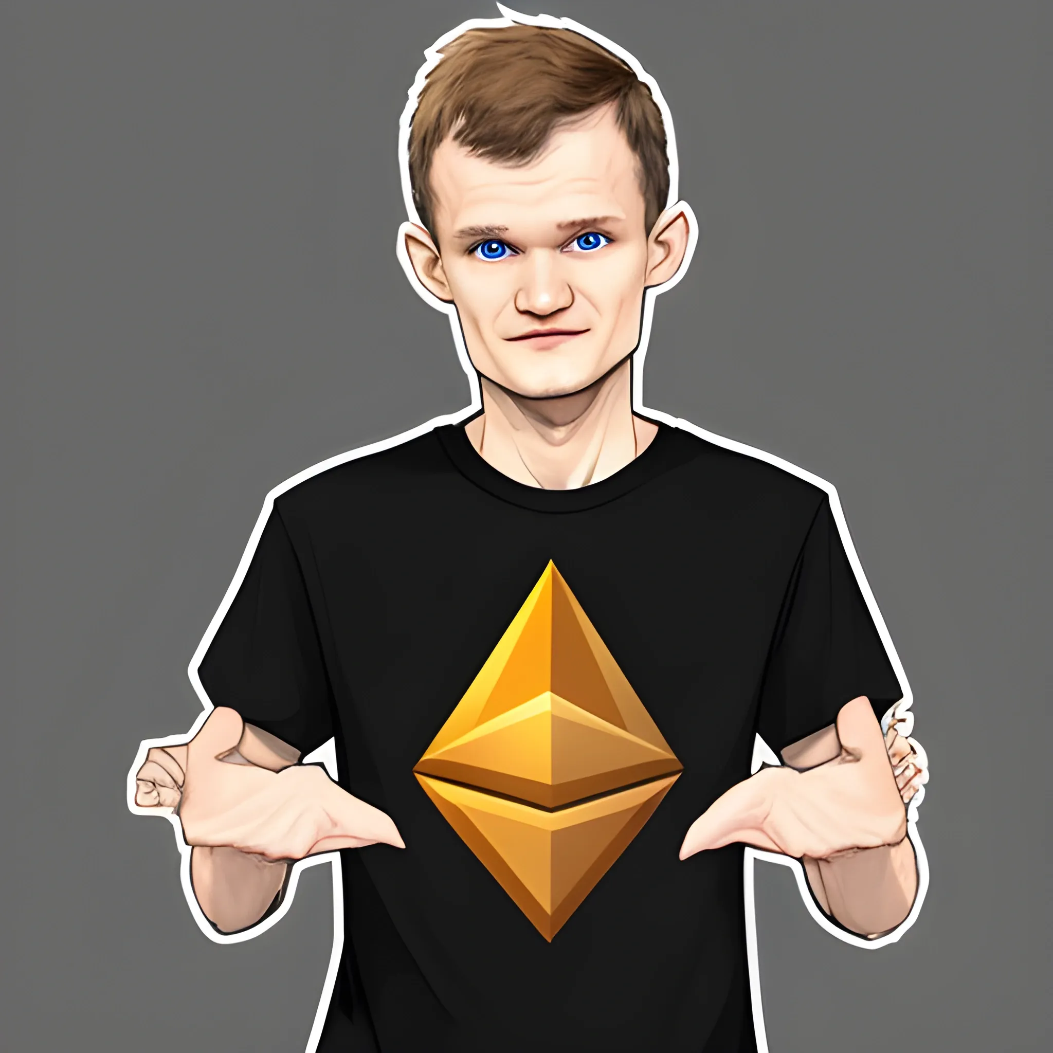 Vitalik Buterin wearing a t-shirt with the Ethereum logo is holding a lot of money in his hand, Cartoon