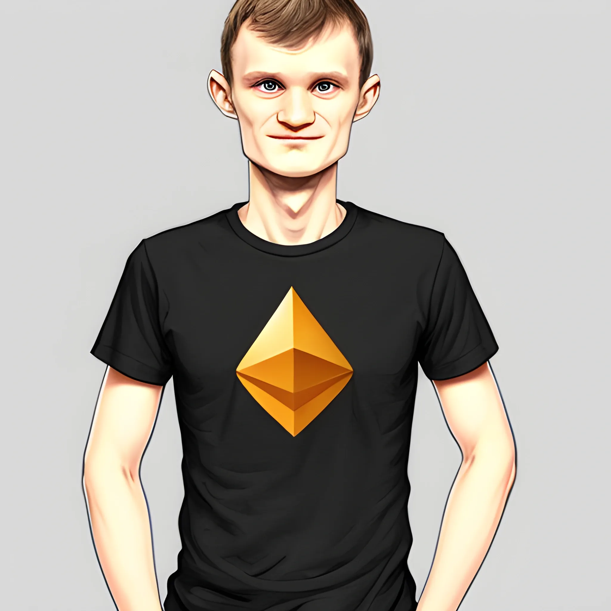 Vitalik Buterin wearing a t-shirt with the Ethereum logo is holding a lot of money in his hand, Cartoon