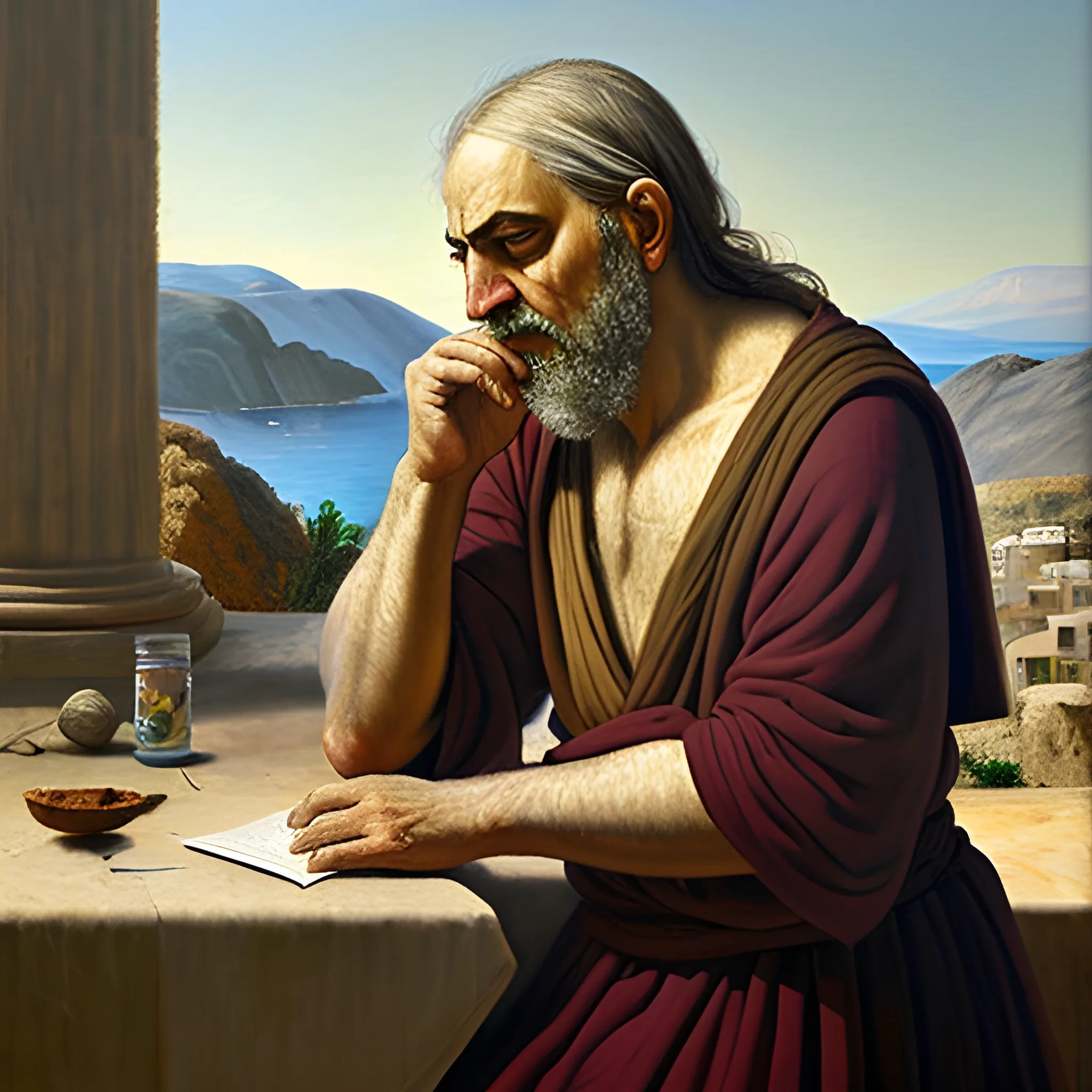 Greek philosopher contemplating God, thoughts, life, morality, prayer , Oil Painting