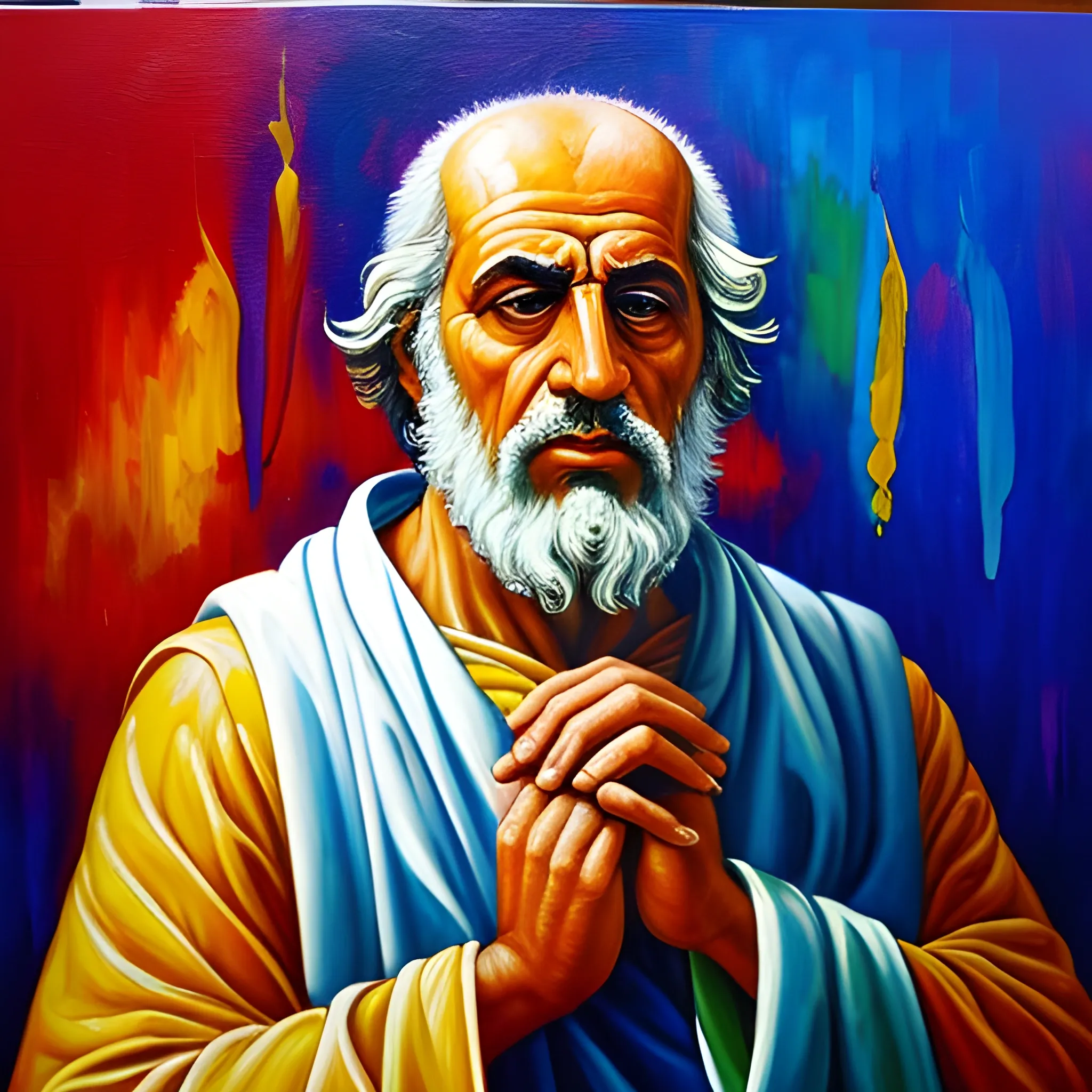 Greek philosopher contemplating God, thoughts, life, morality, prayer , Oil Painting, vivid, abstract 