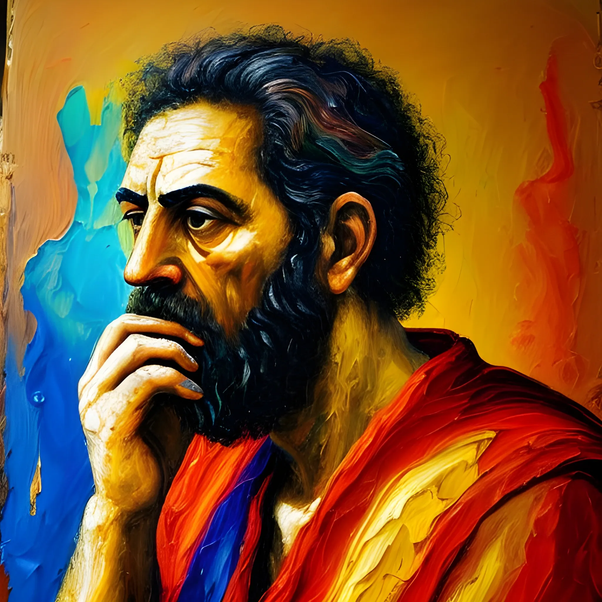 Greek philosopher contemplating God, thoughts, life, morality, prayer , Oil Painting, vivid, abstract, zoomed out  